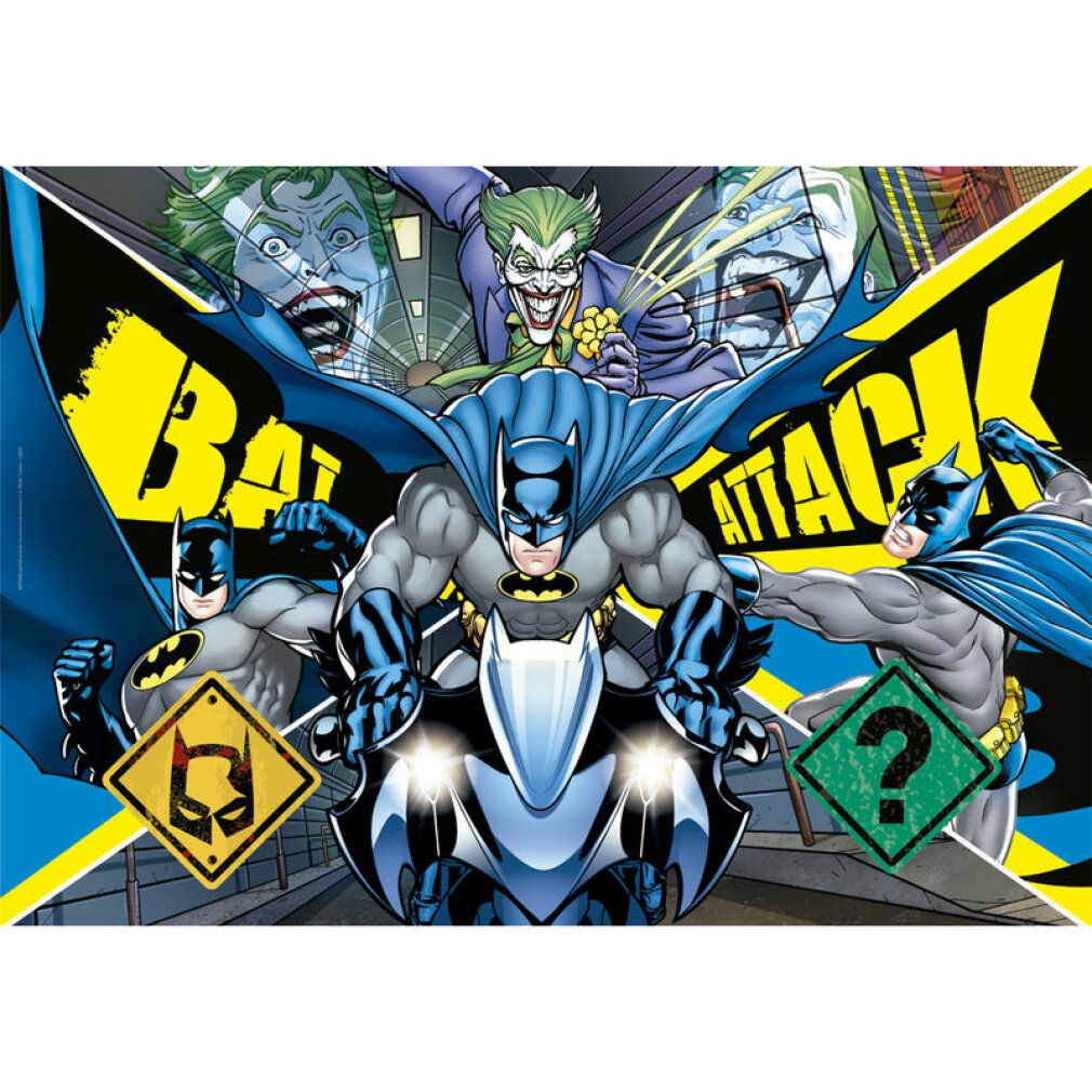 Puzzle con Batman. Diverse figure di Batman, volti di Joker e scritta "BAT ATTACK". Elementi gialli e verdi.