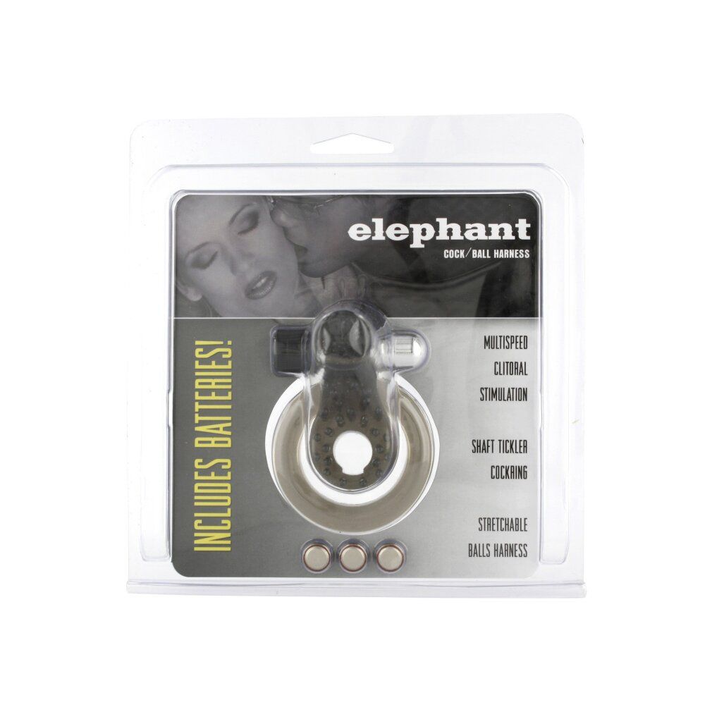 Anello per pene e testicoli trasparente Elephant in confezione blister. Batterie incluse. Nome e caratteristiche del prodotto visibili.