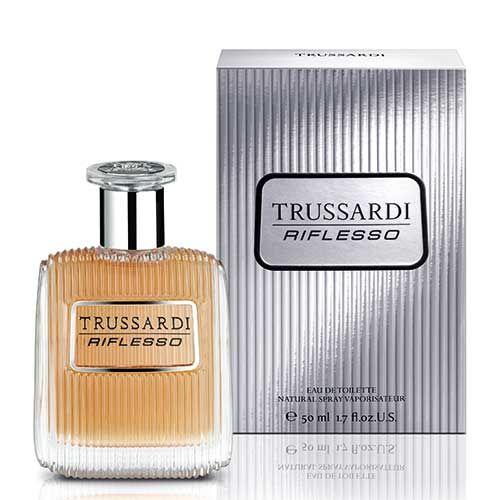 Flacone e confezione di Trussardi Riflesso Eau de Toilette. Flacone con tappo argentato, rettangolare, scanalato. Confezione argentata.