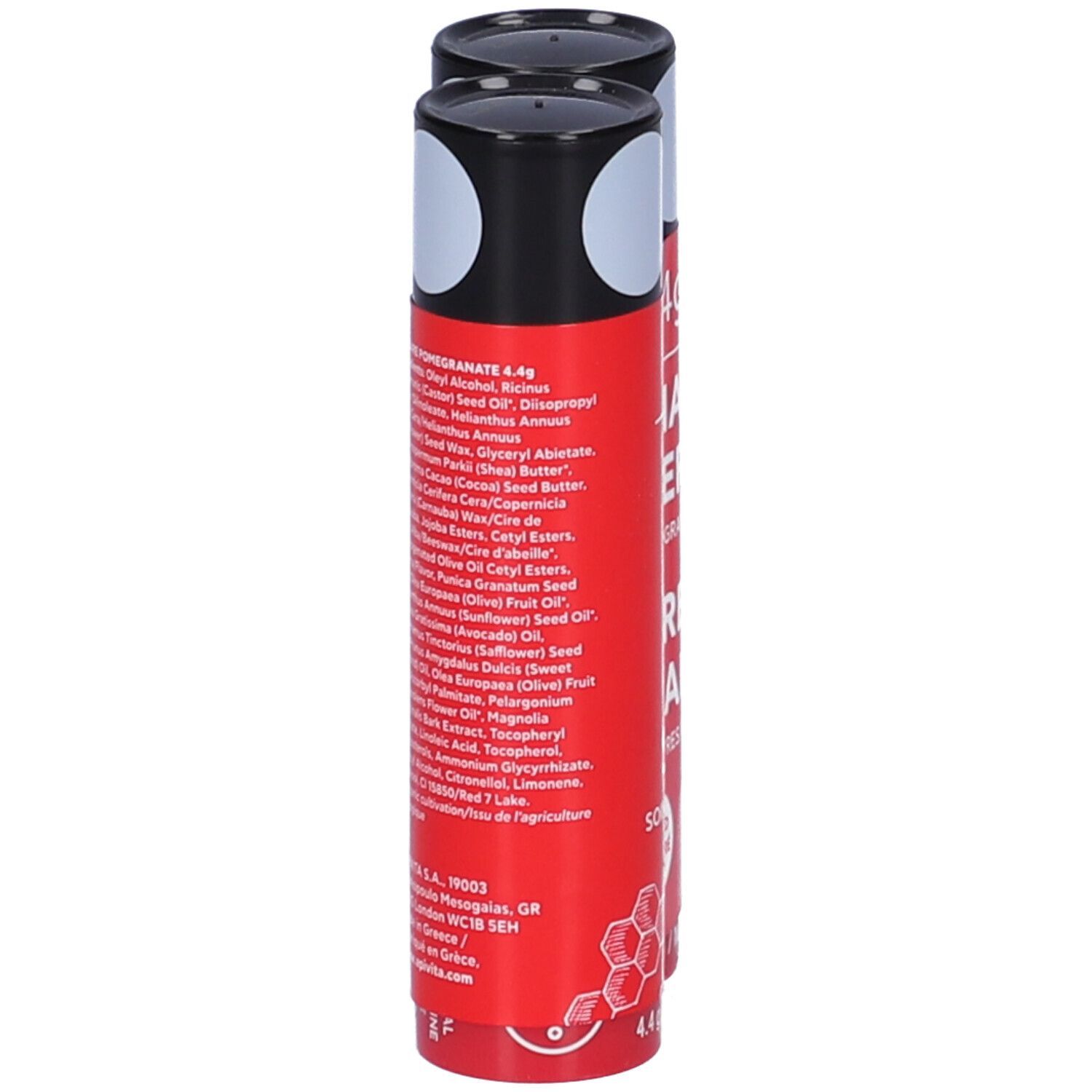 Due stick labbra in confezione rossa. Tappi neri. Testo: ingredienti, indirizzo del produttore, "4.4g".