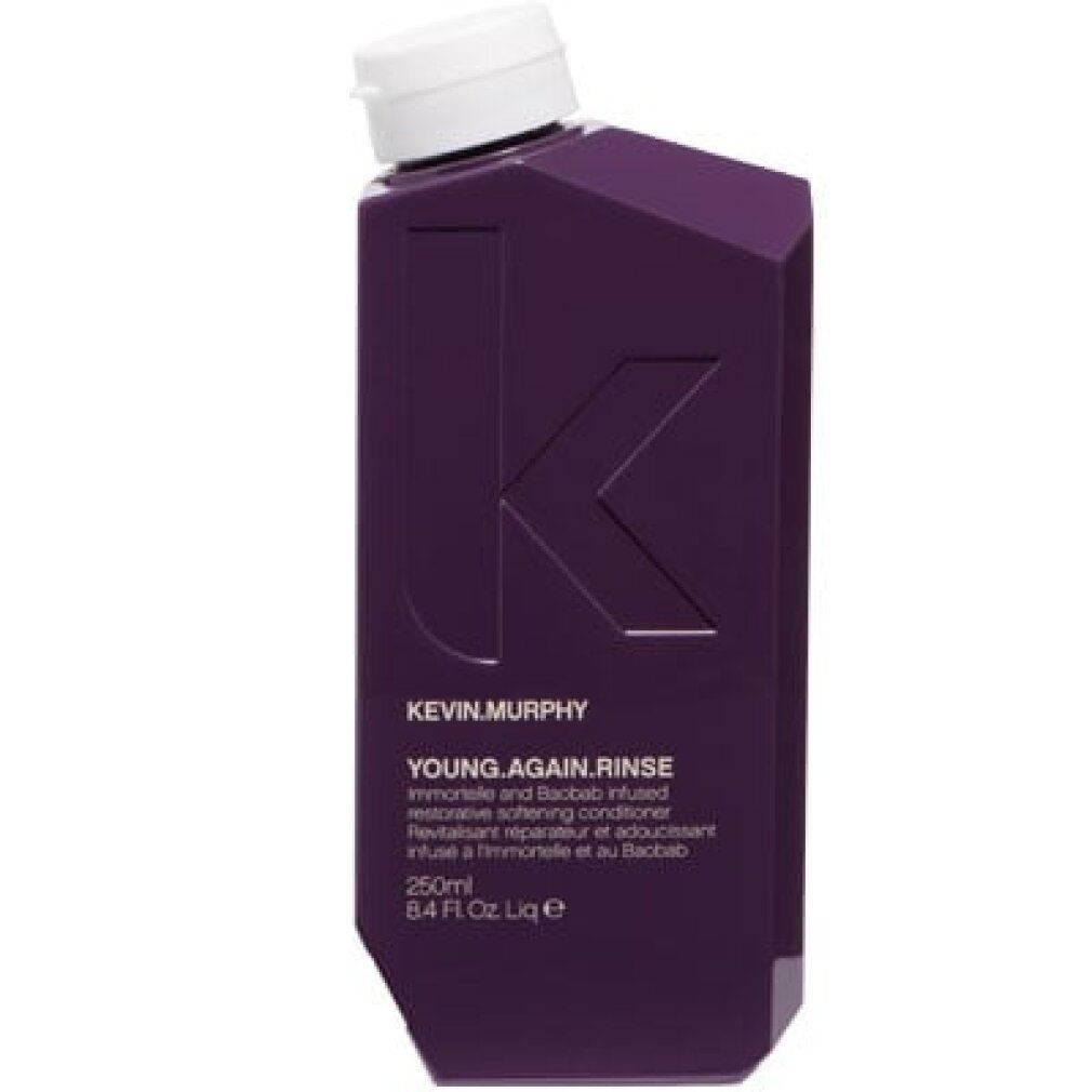 Flacone viola con tappo bianco. Scritta: Kevin Murphy, Young.Again Rinse. 250 ml.