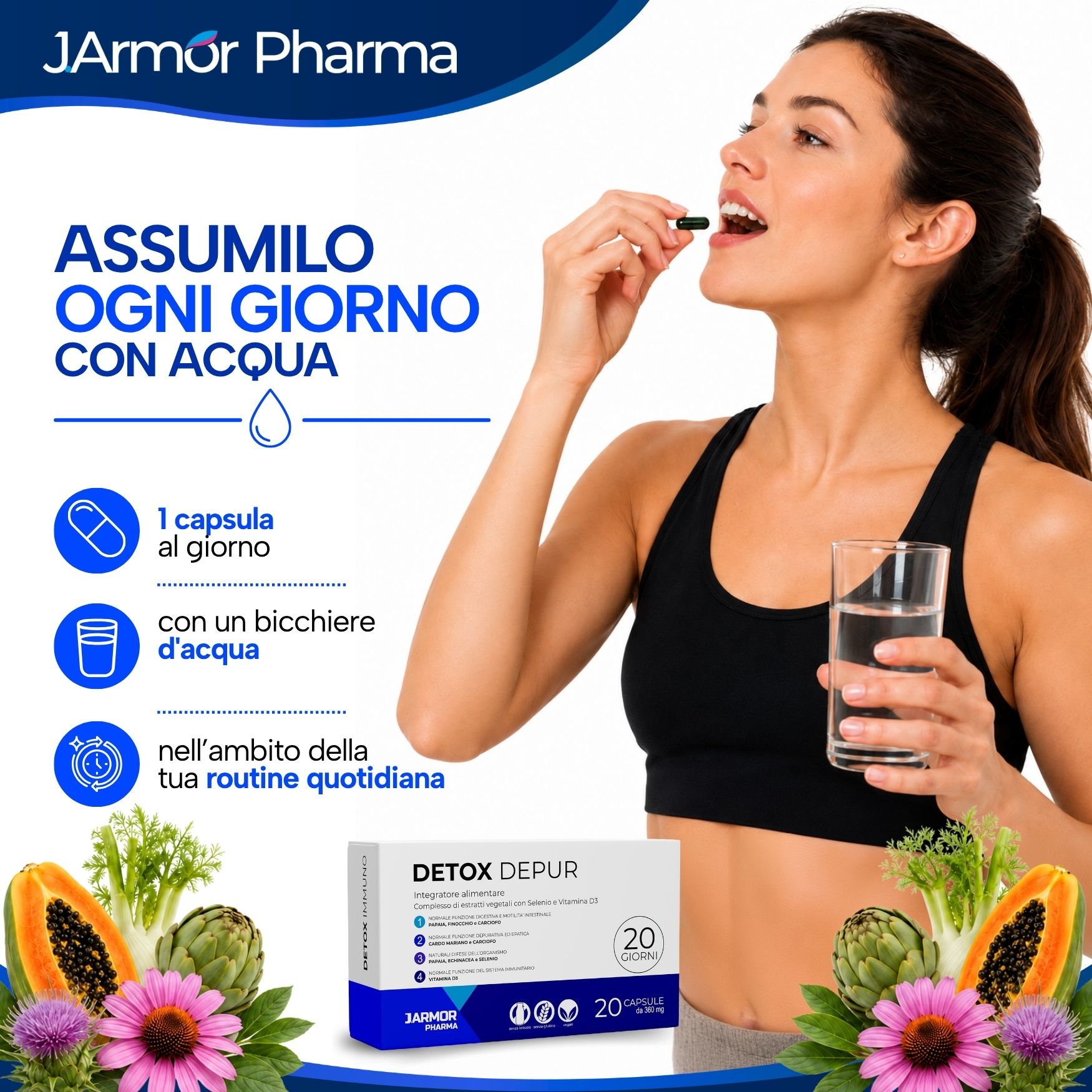 Donna assume una capsula Detox Depur con acqua.
