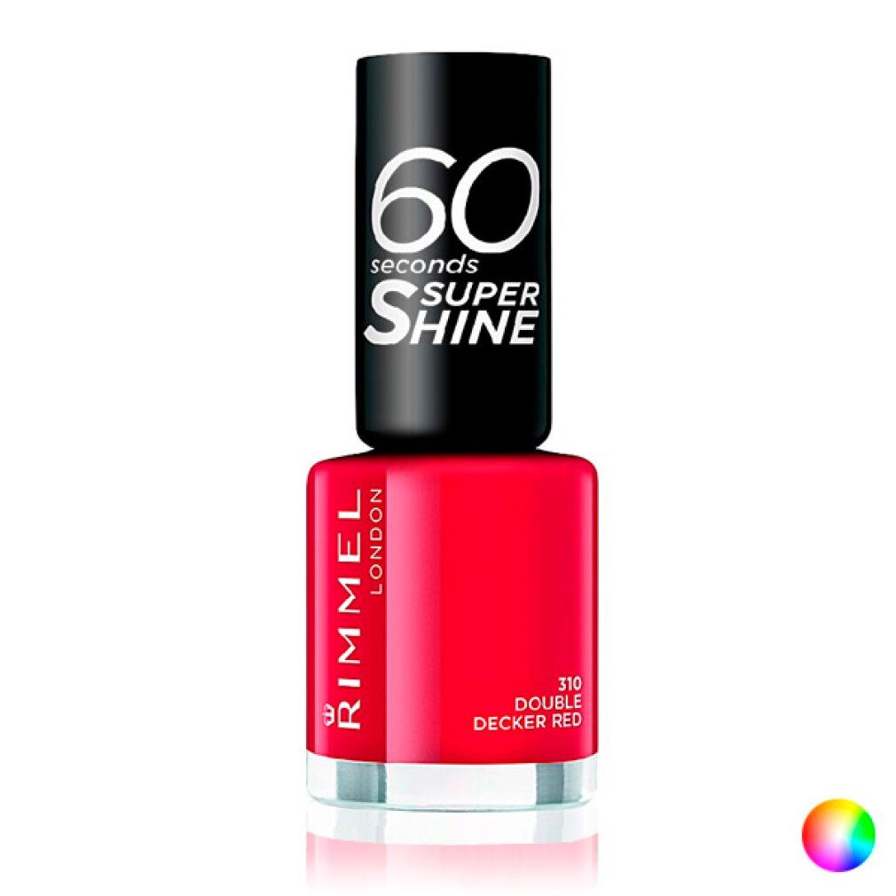 Flacone di smalto rosso. Tappo nero con scritta bianca: 60 seconds SUPER SHINE. Marchio Rimmel London. Numero 310.