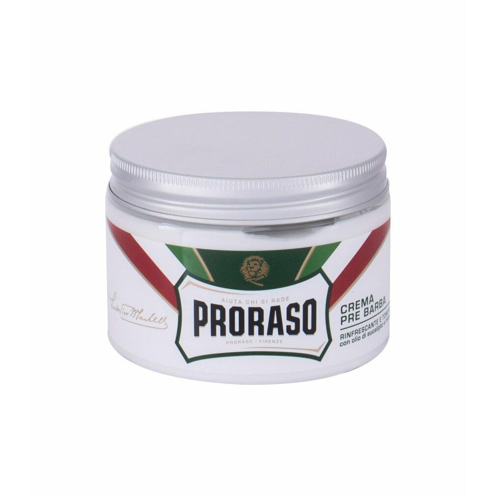 Barattolo bianco con coperchio argentato. Scritta: PRORASO. Strisce verdi, bianche e rosse. Testo: Crema pre barba. Con olio di eucalipto e mentolo.