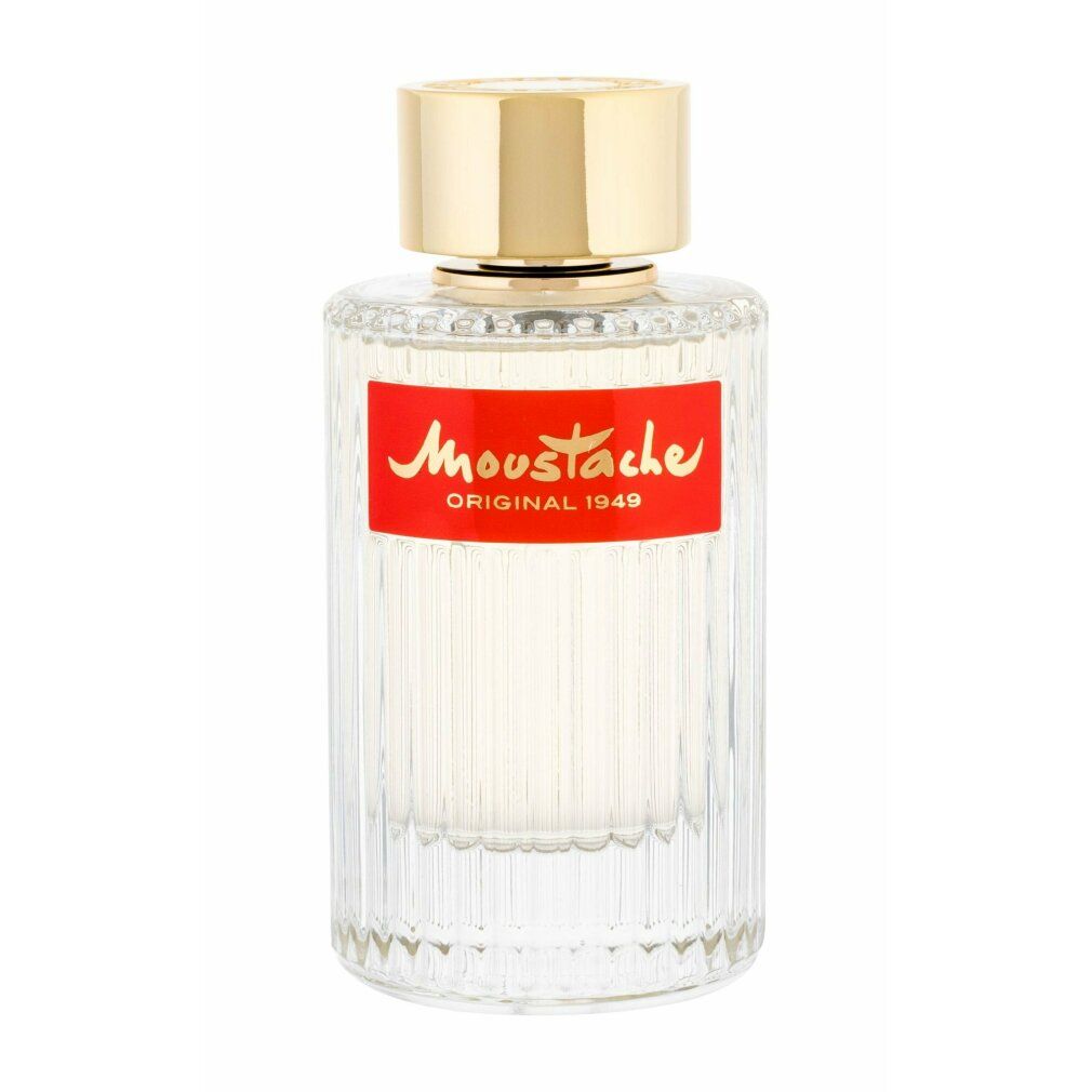 Flacone di Rochas Moustache Eau de Toilette. Forma cilindrica, vetro scanalato, etichetta rossa con testo dorato, tappo dorato.