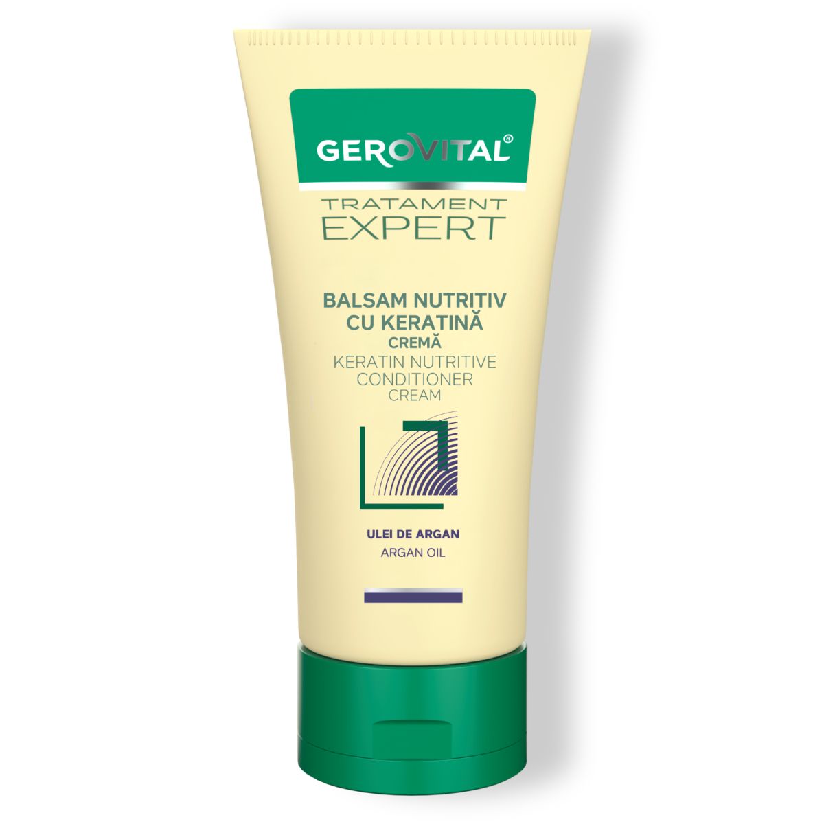 Tubo di crema con tappo verde. Scritte: Gerovital, Tratament Expert, Balsam Nutritiv cu Cheratina, Ulei de Argan.