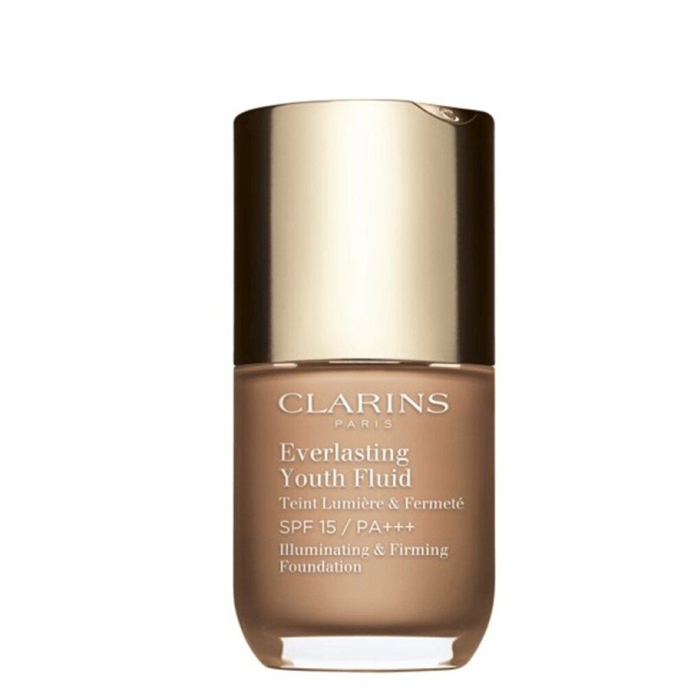 Clarins Everlasting Youth Fluid SPF 15. Flacone con tappo dorato. Scritta: SPF 15, Illuminating & Firming Foundation.