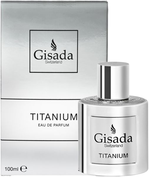 Flacone e confezione argentati. Scritta: Gisada, Titanium Eau de Parfum. Flacone con vaporizzatore.
