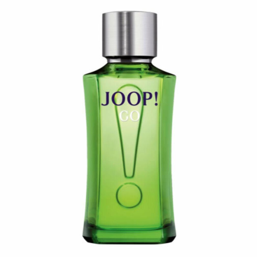 Flacone di profumo verde con tappo argentato. Logo JOOP! GO e design punto esclamativo sul flacone.