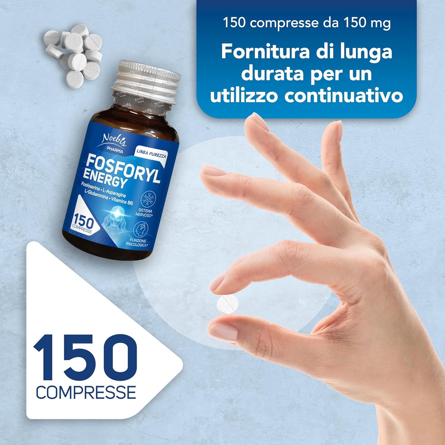 Flacone Fosforyl Energy, 150 compresse, una mano tiene una compressa, lunga durata.