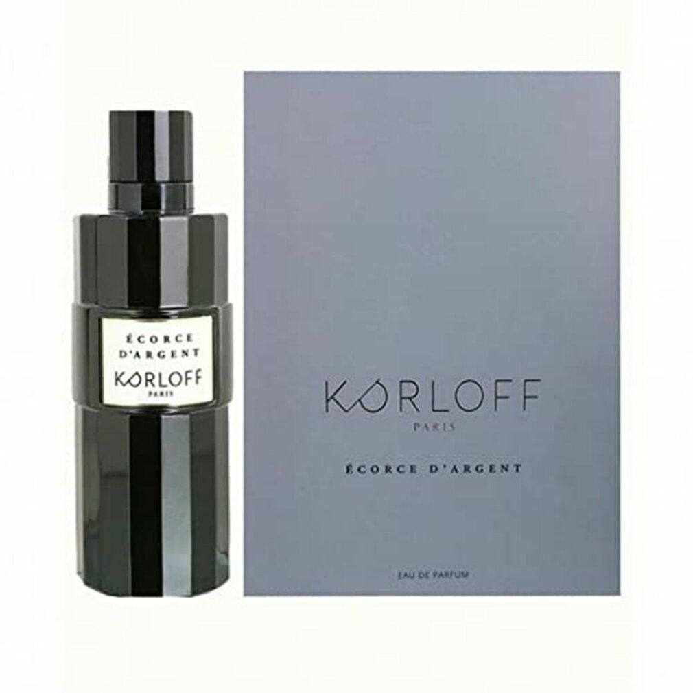 Flacone nero accanto a scatola grigia. Scritta: KORLOFF PARIS, ÉCORCE D'ARGENT. Flacone con superficie scanalata.