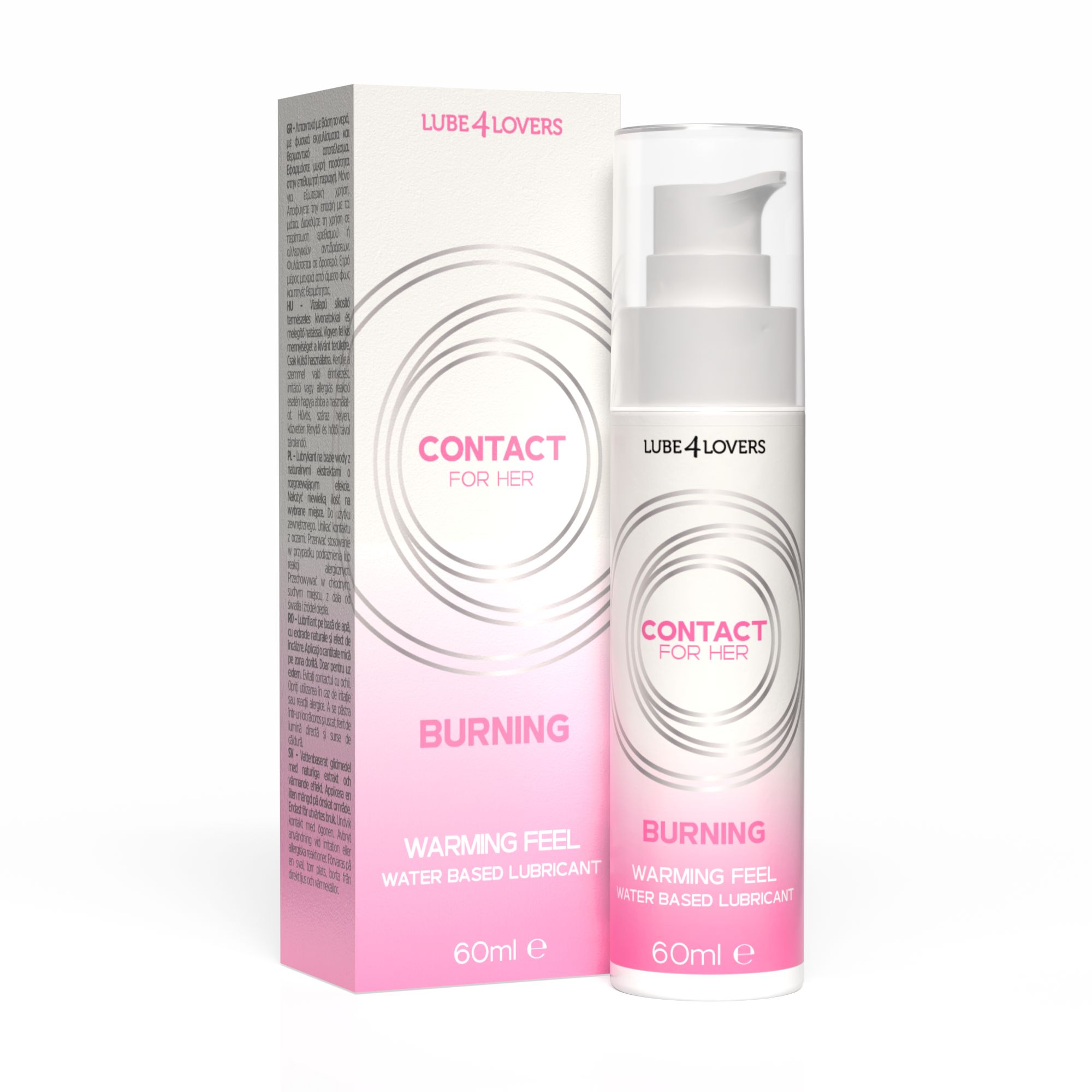 Flacone bianco con pompa ed etichetta rosa. Scritta: CONTACT FOR HER BURNING. 60ml. Accanto a una confezione.