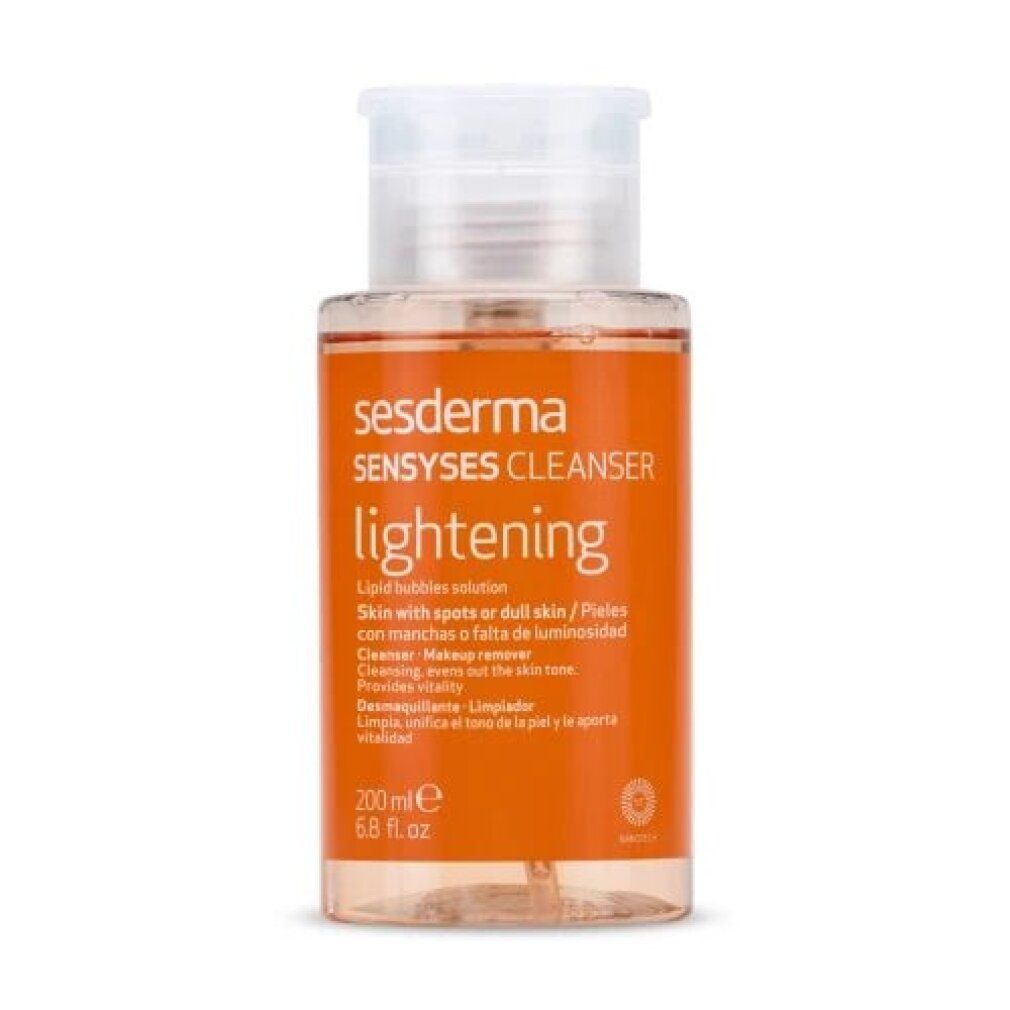 Retro del flacone con testo. Scritta: Sesderma Sensyses Lightening Cleanser. Ingredienti e informazioni.