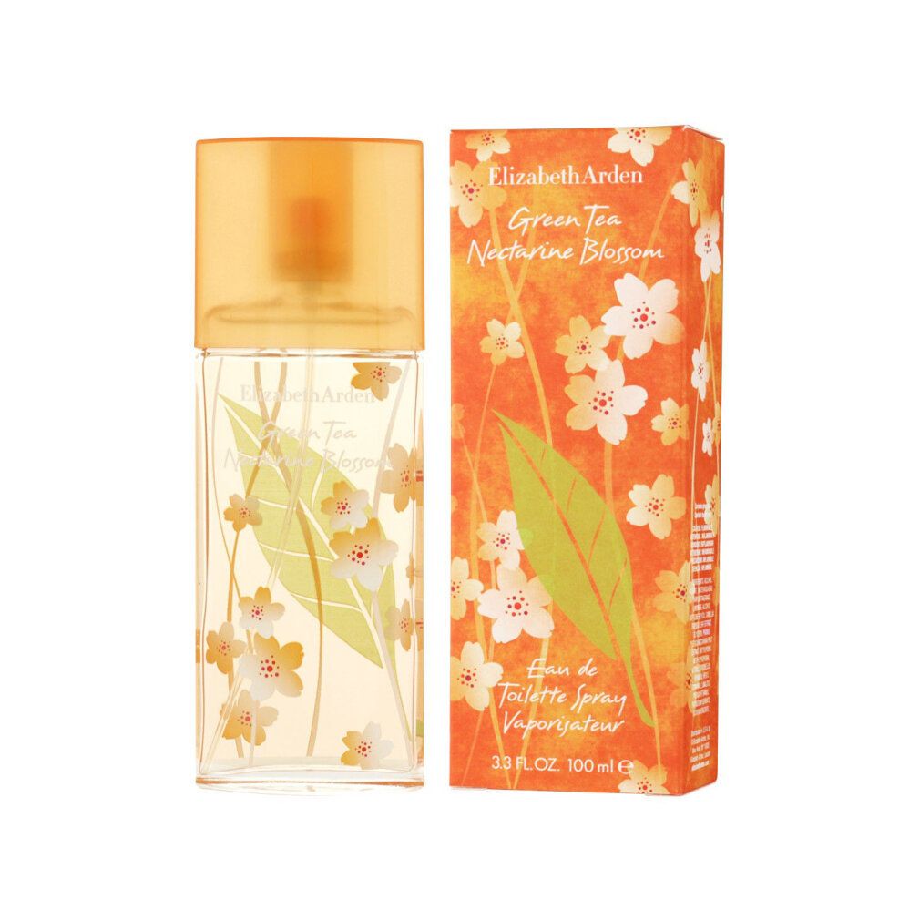 Flacone e confezione. Flacone rettangolare, tappo arancione. Confezione arancione con motivi floreali. Testo: Green Tea Nectarine Blossom.