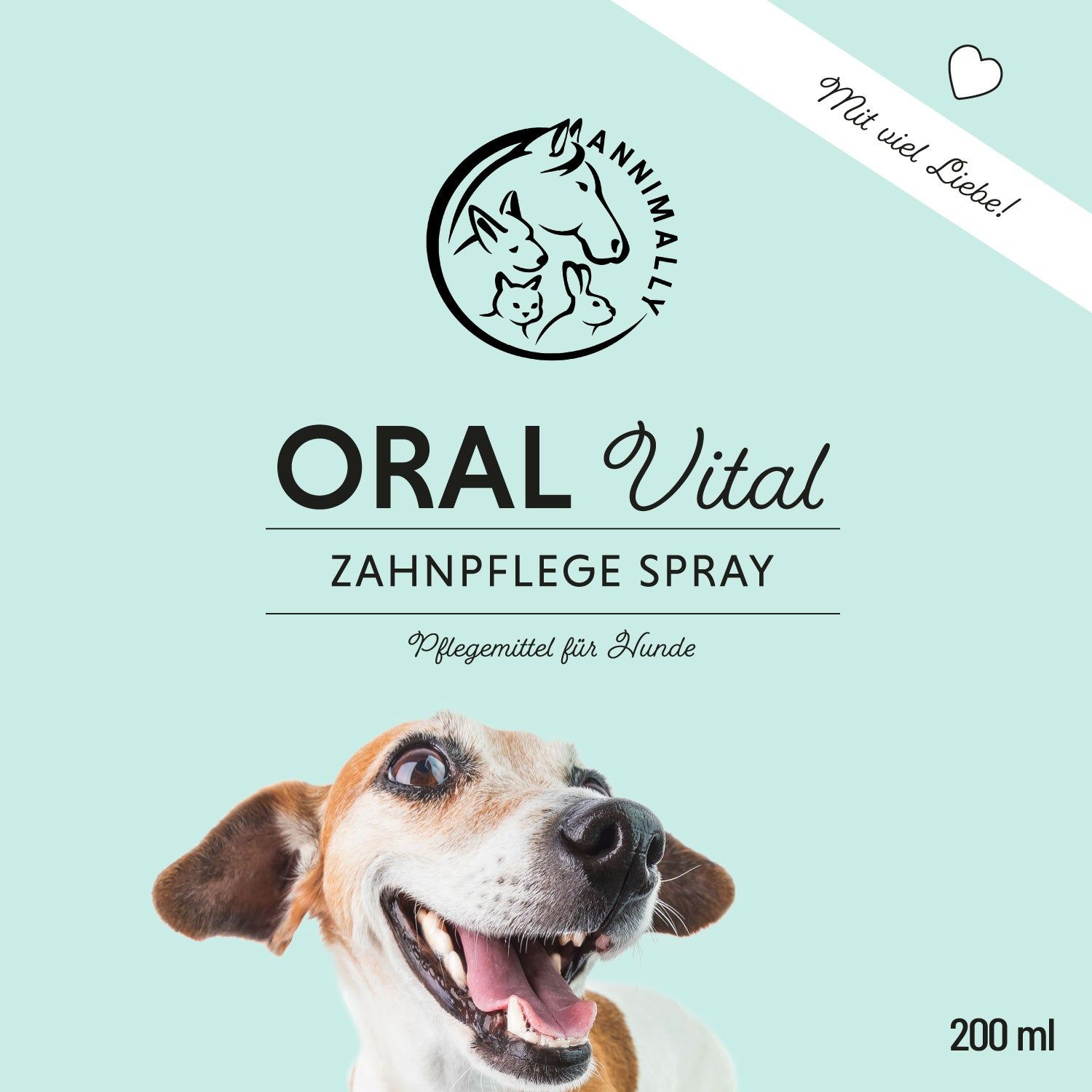Confezione turchese con logo e testo: Oral Vital Zahnpflege Spray. Illustrazione di un cane. Scritta: 200 ml.
