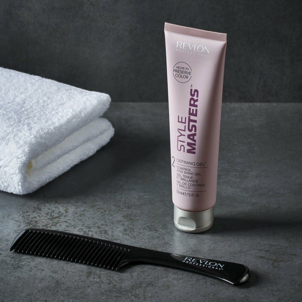Tubo di gel Revlon Style Masters, asciugamano, pettine. Tubo con tappo argentato. Testo: Revlon, Style Masters, Defining Gel, 150ml/5.1 fl.oz.