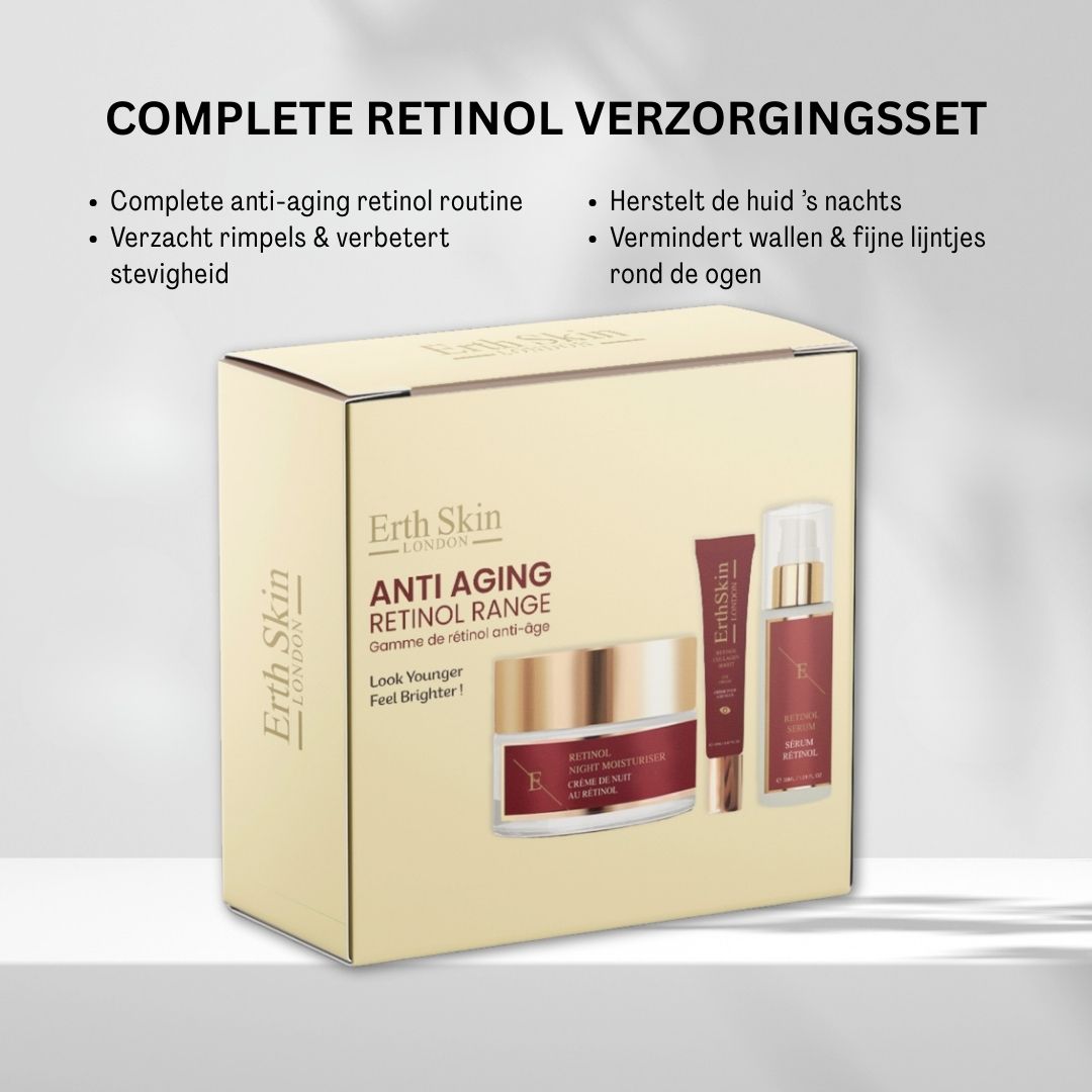Scatola kit anti-età al retinolo ErthSkin London con testo sulla cura della pelle.