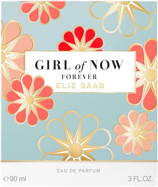 Confezione di Elie Saab Girl of Now Forever Eau de Parfum con motivo floreale e informazioni sul prodotto.