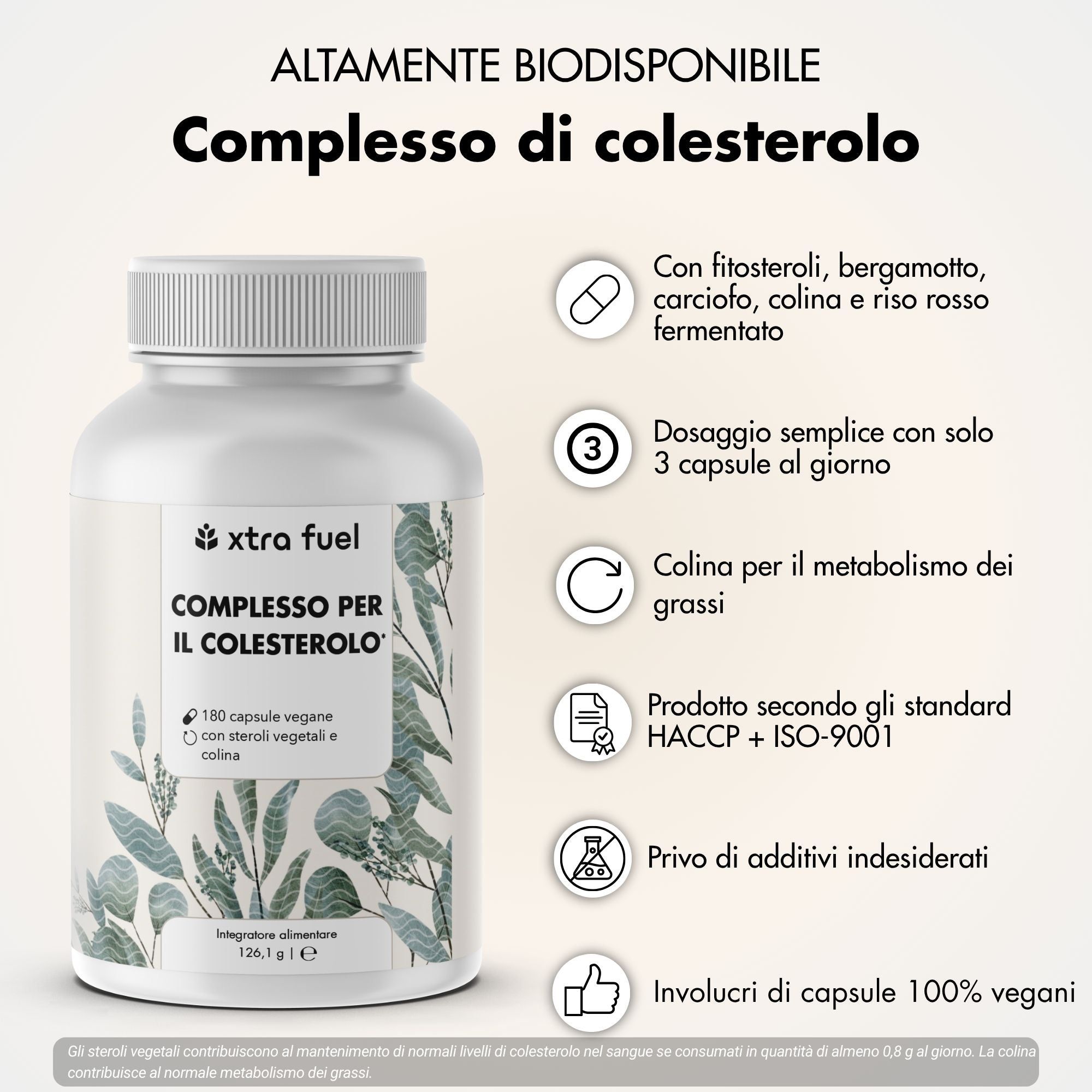Flacone XTRA FUEL Complesso Colesterolo, 180 capsule vegane con steroli vegetali & colina. Alta biodisponibilità.