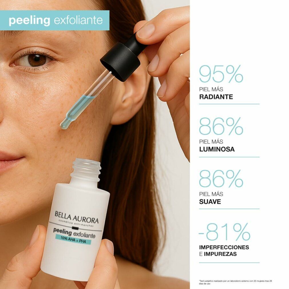 Donna applica liquido sulla pelle con contagocce. Flacone: Bella Aurora, peeling exfoliante, 10% AHA + PHA. Testo: 95% più radiosa, 86% più luminosa, 86% più morbida, -81% imperfezioni.