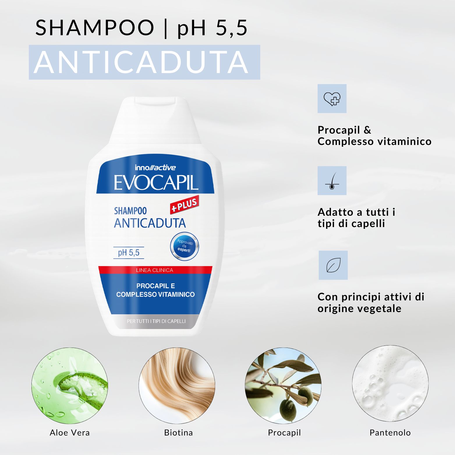 Shampoo Evocapil Anticaduta: Previene il prurito, protegge e rinforza.