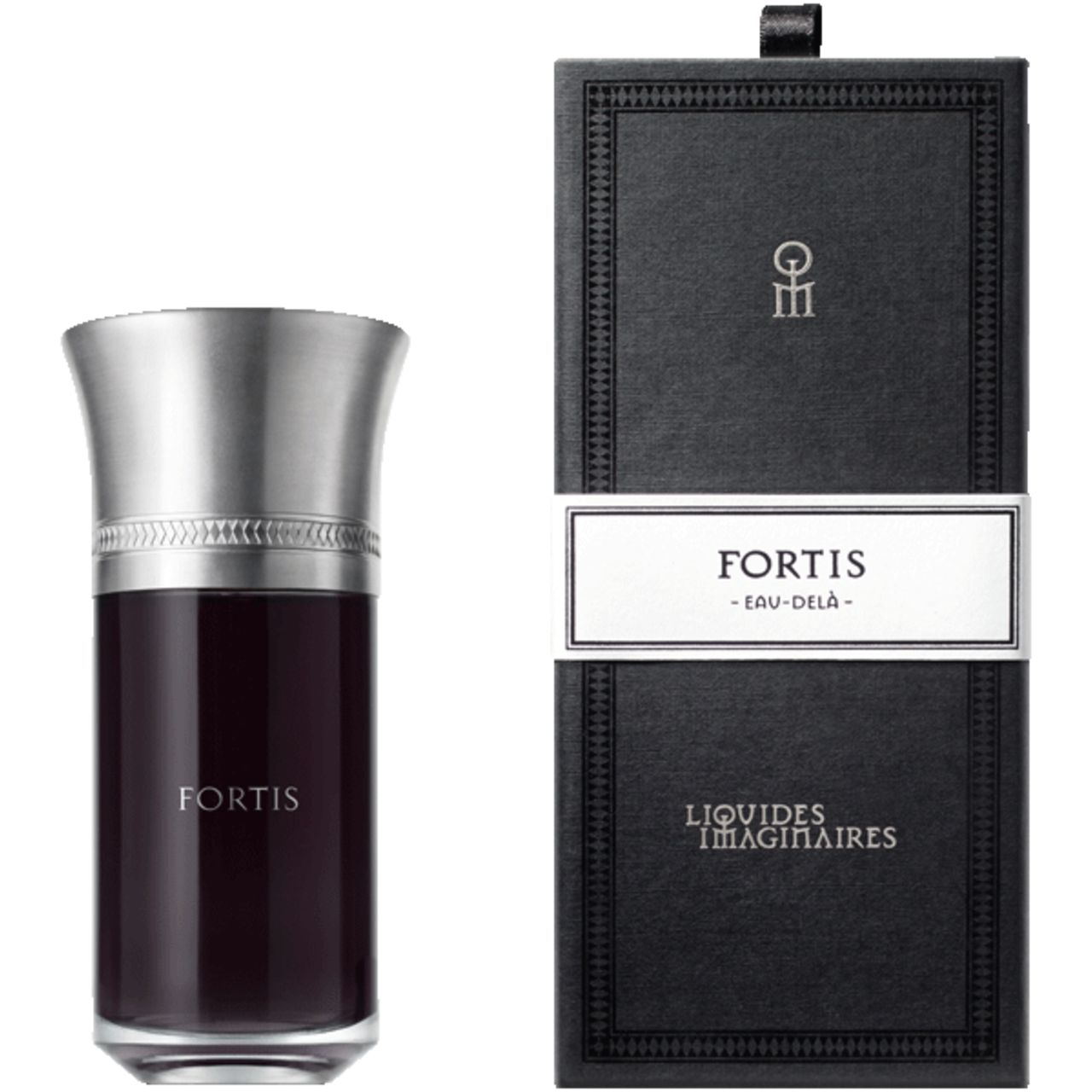 Flacone e confezione. Flacone con tappo argentato. Scritta FORTIS. Confezione con logo e testo.