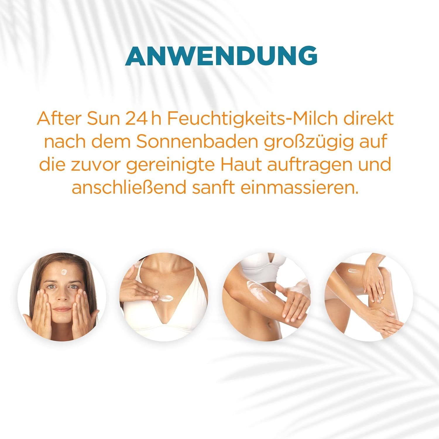 Applicazione di After Sun 24h Latte idratante. Donne applicano la lozione su viso, petto, braccia e gambe.