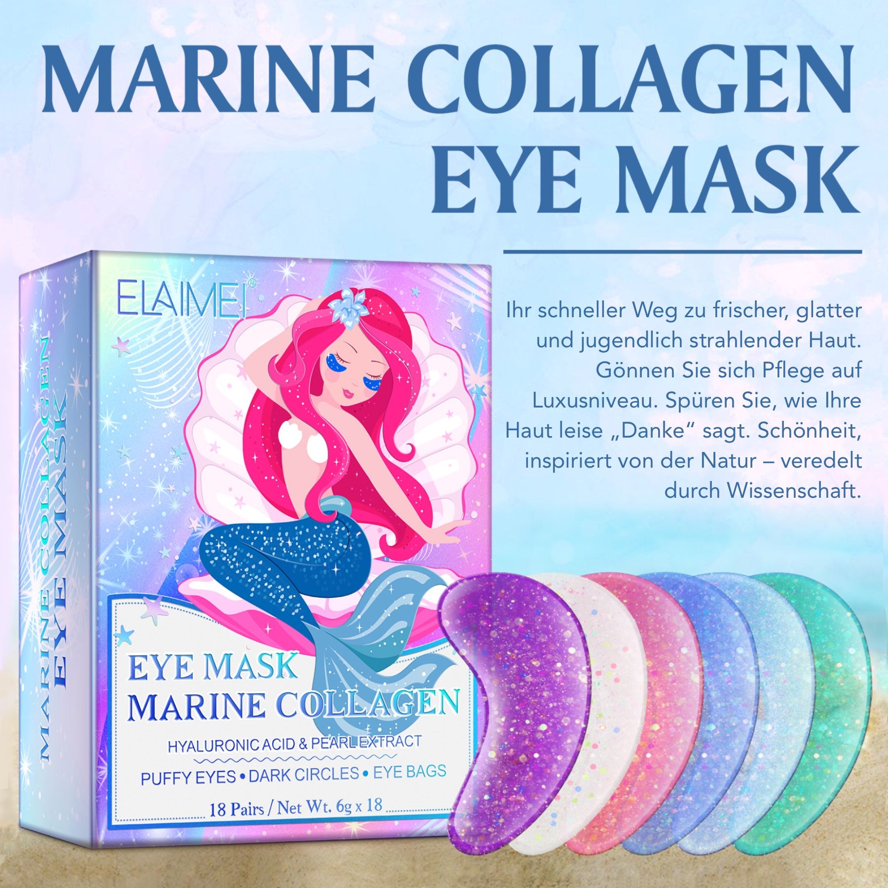 Confezione di maschere per occhi ELAIMEI con design a sirena, 18 paia di patch per occhi. Colori diversi dei patch visibili.