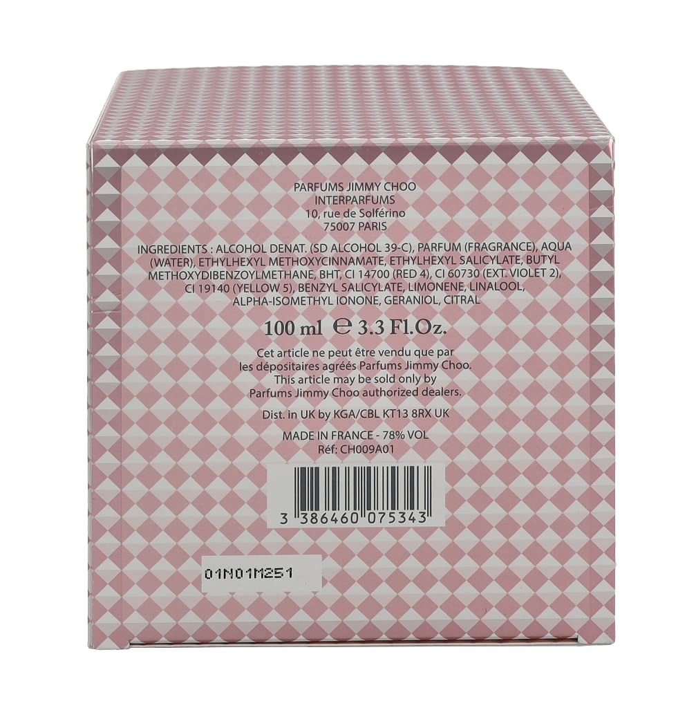 Confezione con ingredienti e informazioni. Scritta 'JIMMY CHOO'. Motivo geometrico rosa.