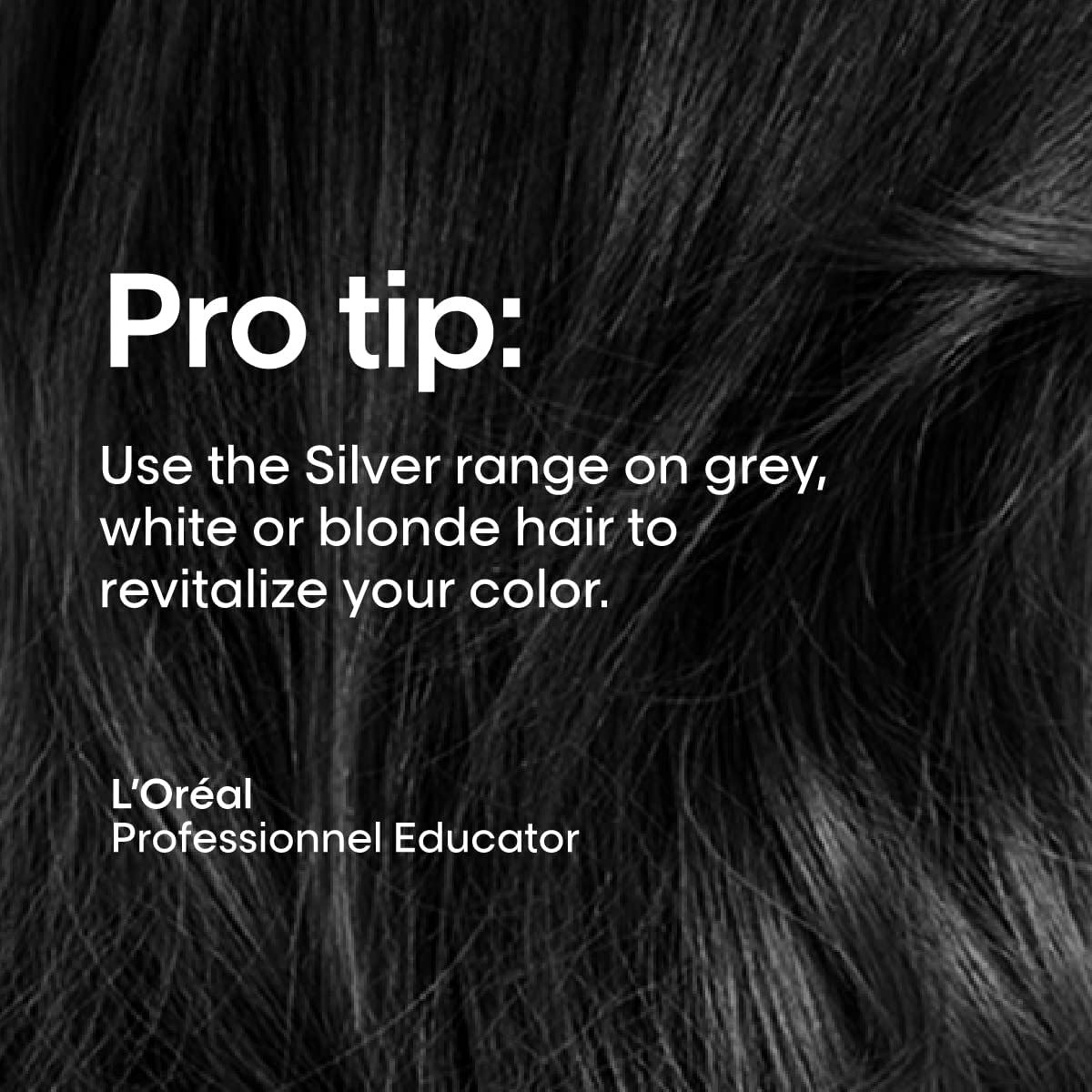 Testo: Usa la gamma Silver su capelli grigi, bianchi o biondi per rivitalizzare il tuo colore. L'Oréal Professionnel Educator.