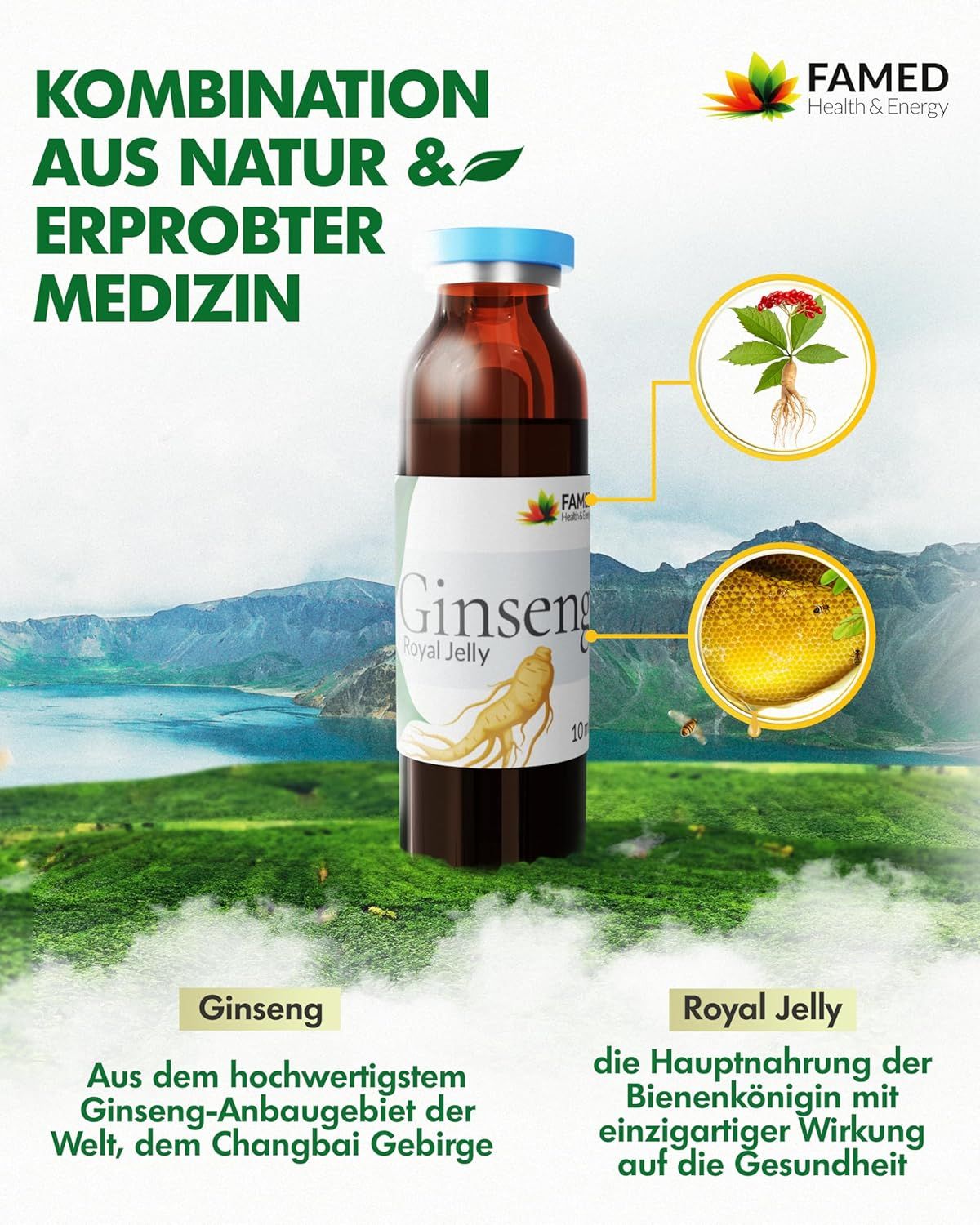 Fiala Ginseng Royal Jelly davanti a un paesaggio montano, con primi piani di ginseng e favo.