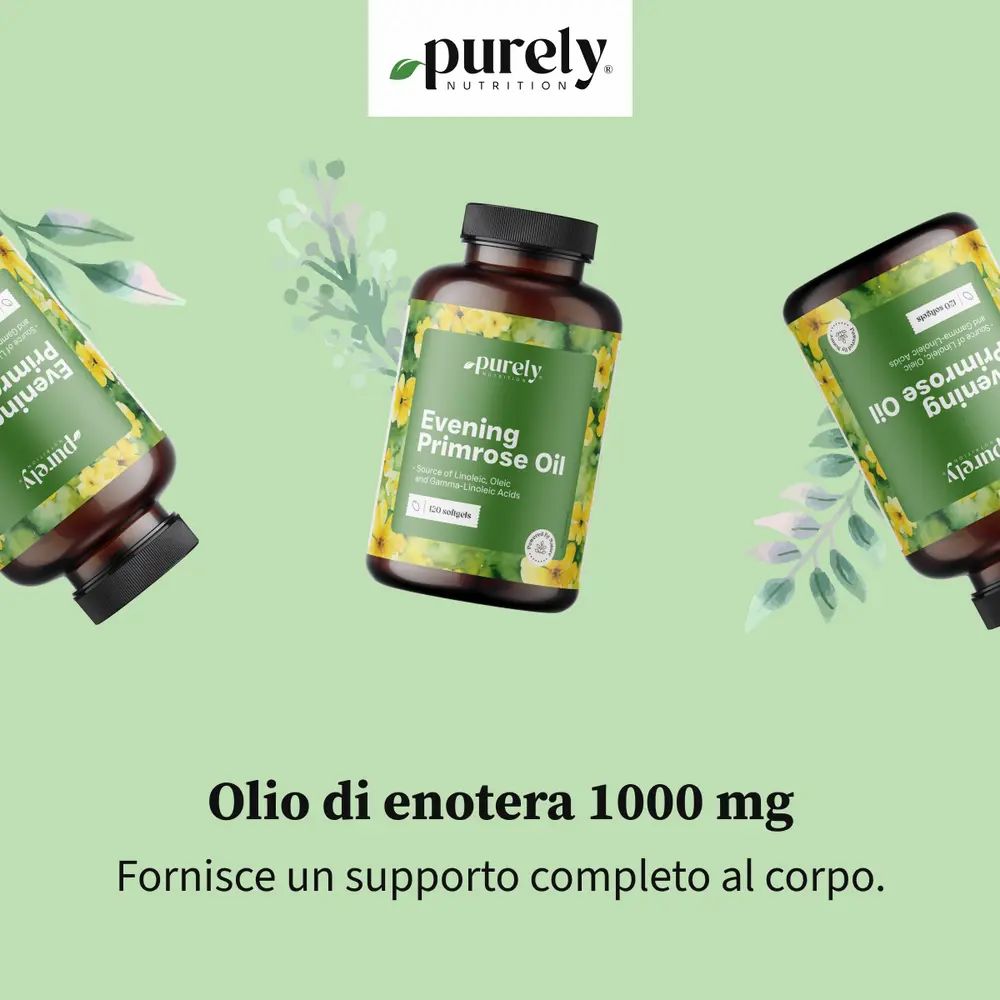 Tre flaconi olio di enotera 1000 mg. Scritta: Fornisce un supporto completo al corpo.
