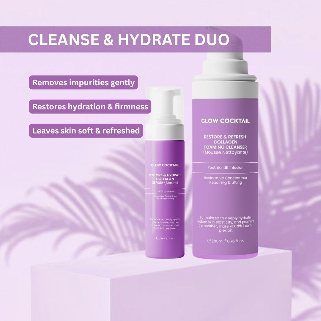 Glow Cocktail: Detergente e siero su piedistallo, con testo.