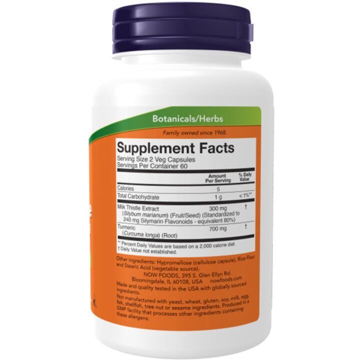 Flacone bianco con tappo blu. Scritta: Botanicals/Herbs, Supplement Facts. Contiene 60 capsule. Ingredienti e informazioni nutrizionali.