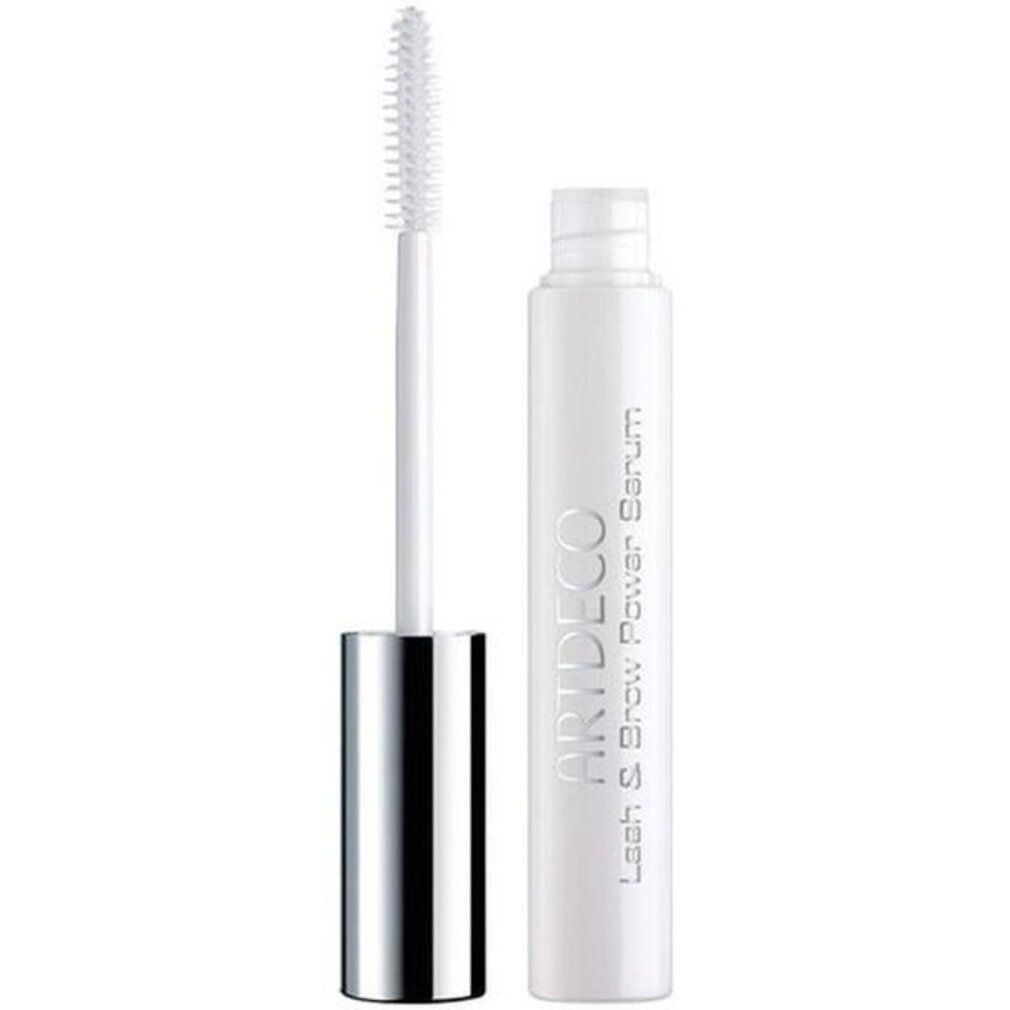 Artdeco Lash & Brow Power Serum: Applicatore bianco con spazzolino e manico argentato, accanto a un tubetto bianco con scritta argentata.