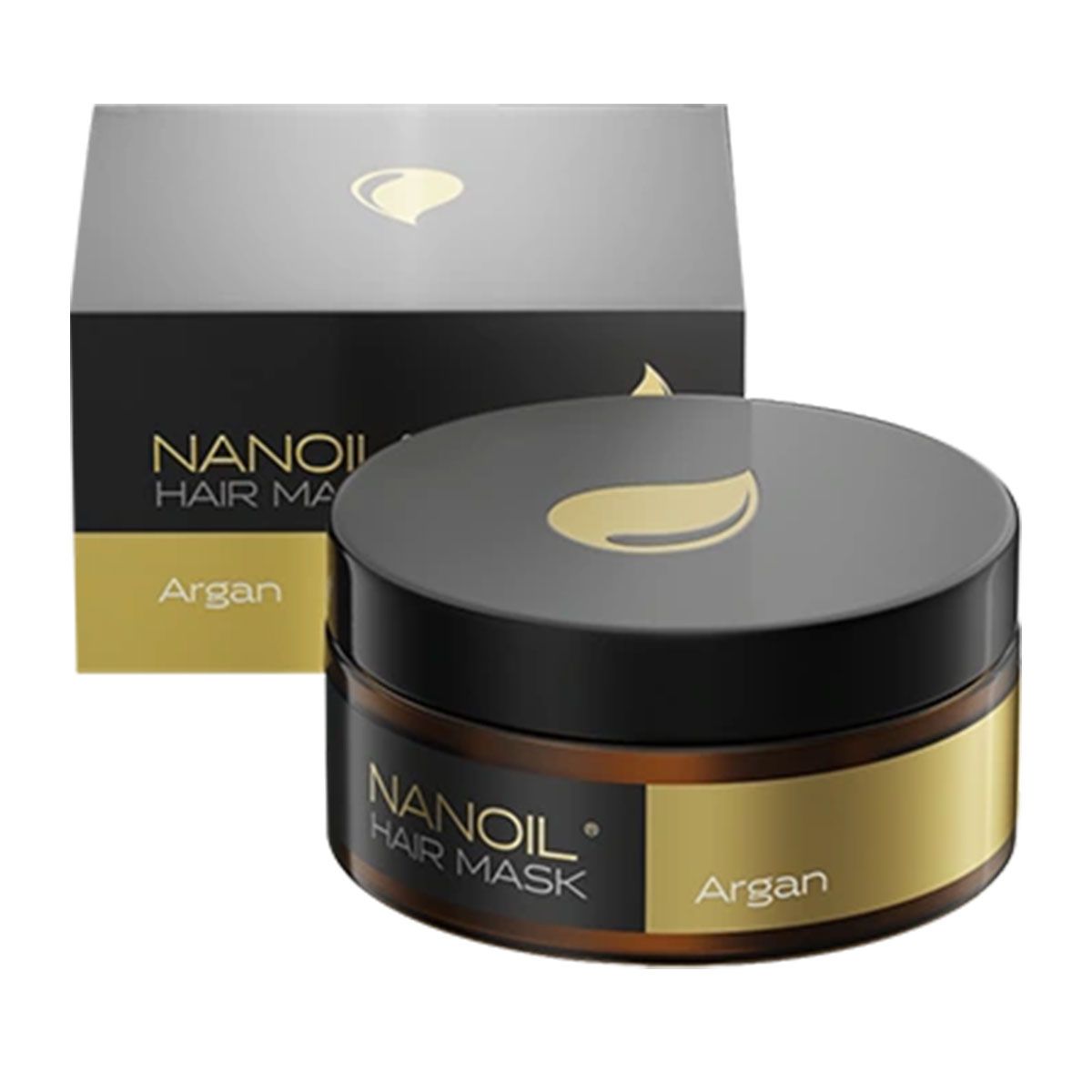 Maschera per capelli Nanolash Argan con confezione esterna. Barattolo marrone con coperchio nero e fascia dorata.