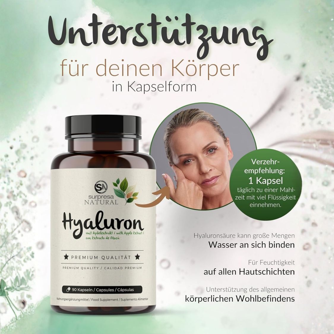 Flacone di capsule Surpresa Natural Hyaluron accanto al viso di una donna. Raccomandazione: 1 capsula al giorno.