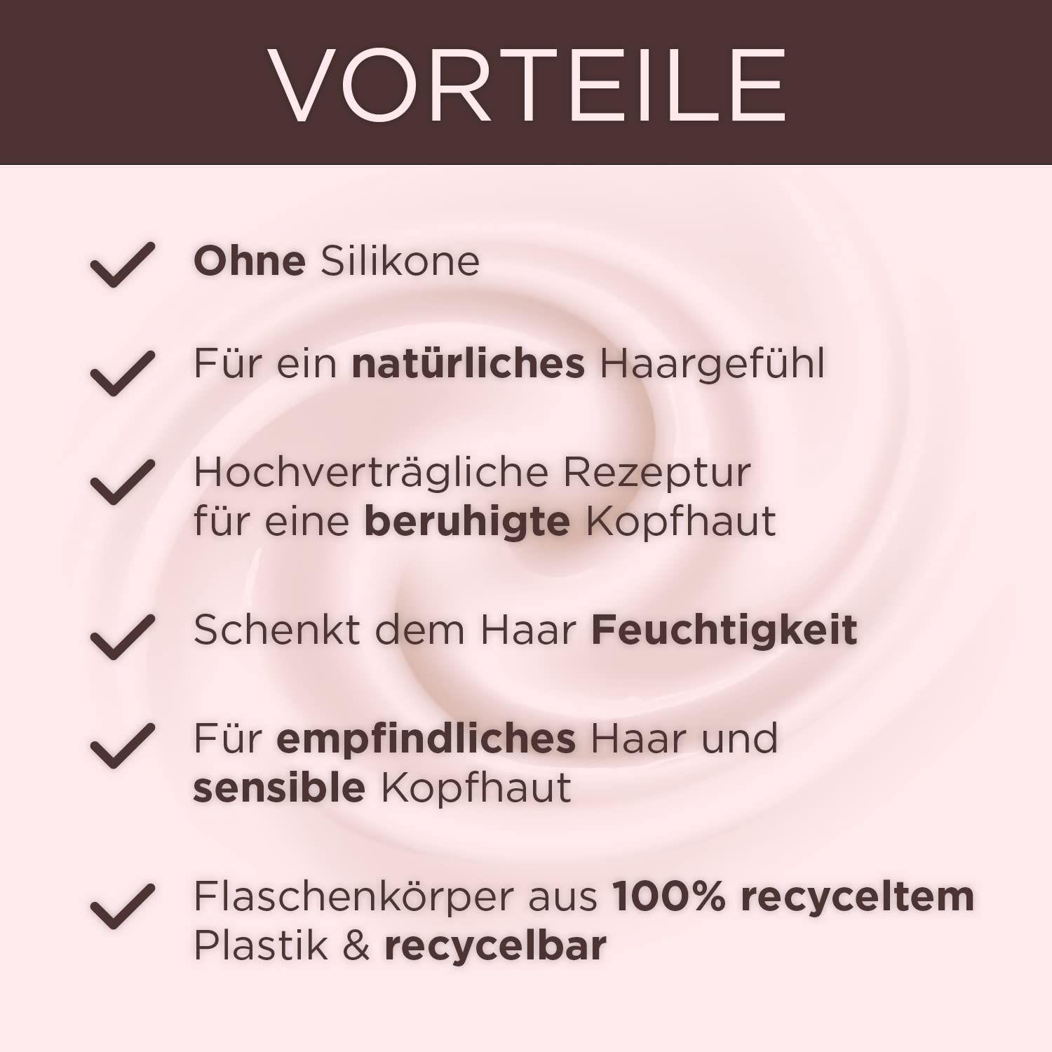 Testo su sfondo rosa: Vantaggi. Senza siliconi, per capelli naturali, cuoio capelluto lenito, idrata, per capelli sensibili.