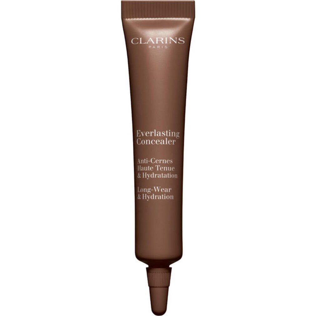 Tubo marrone. Scritte: Clarins, Everlasting Concealer, Anti-Cernes, Haute Tenue & Hydratation, Long-Wear & Hydration.