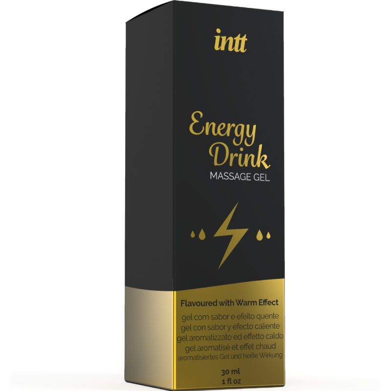 Confezione nera con testo dorato: intt Energy Drink Massage Gel. Con effetto caldo. 30 ml. Flacone non visibile.