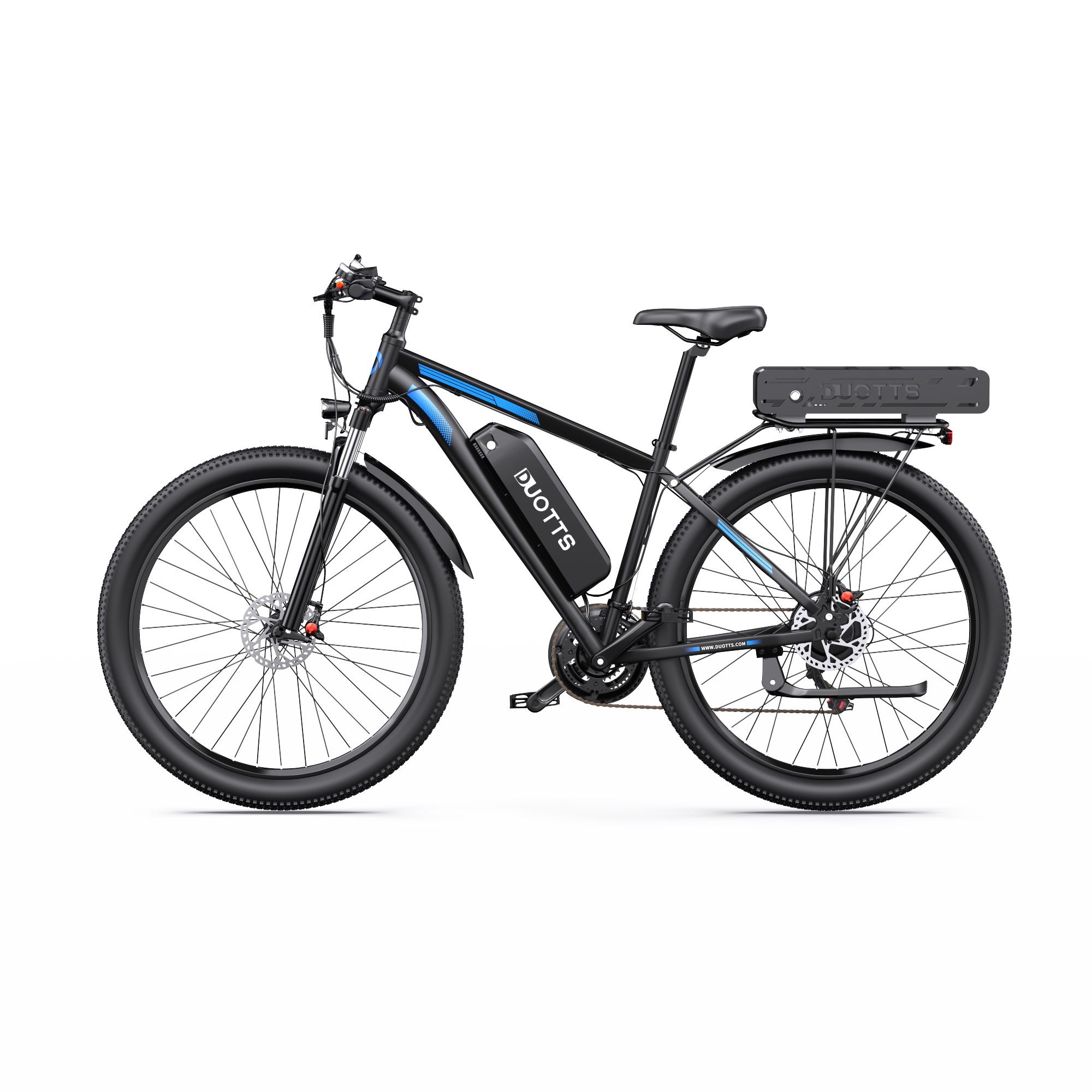 E-bike nera e blu. Logo DUOTTS, doppia batteria, Shimano 21 velocità. Vista laterale, sfondo bianco.