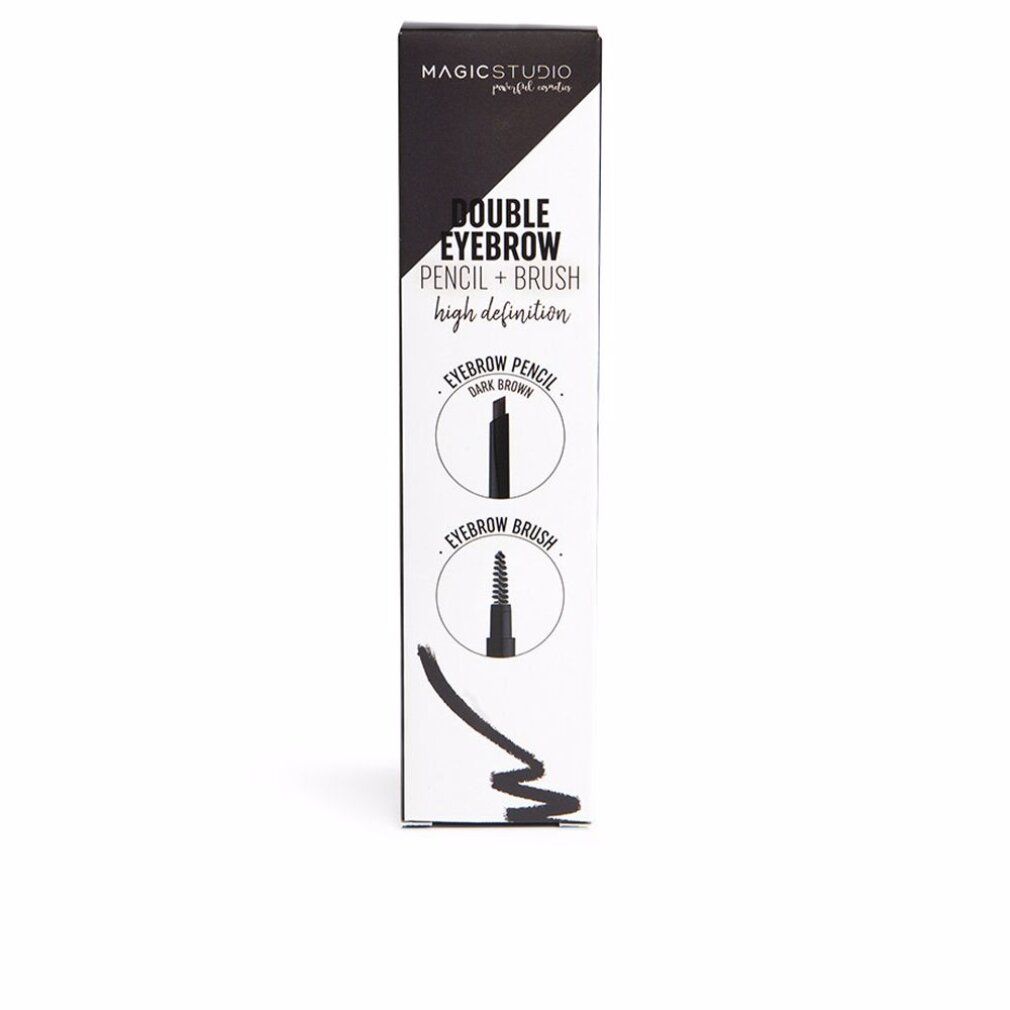 Confezione nera con illustrazioni e testo. Visibili "DOUBLE EYEBROW PENCIL + BRUSH" e "MAGICSTUDIO".