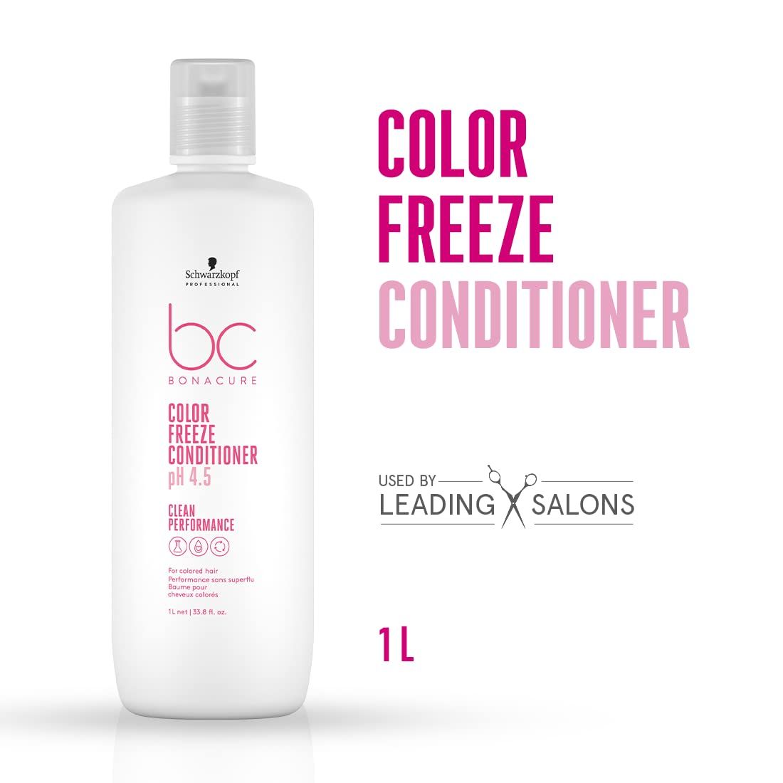 Flacone bianco "COLOR FREEZE CONDITIONER". Testo: "USED BY LEADING SALONS" e "1 L". Marchio Schwarzkopf BC Bonacure.