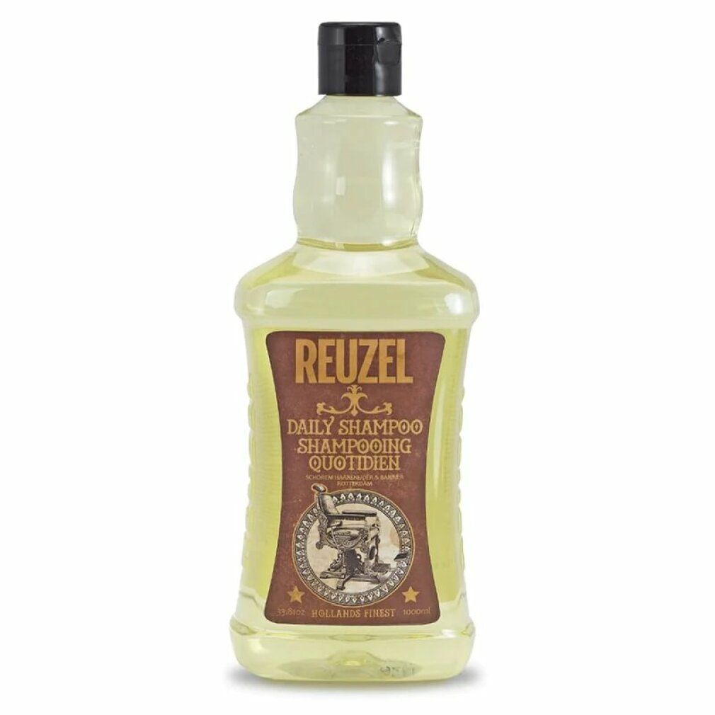 Flacone di shampoo giallo. Etichetta marrone con "Reuzel Daily Shampooing". Tappo nero. Motivo barbiere.