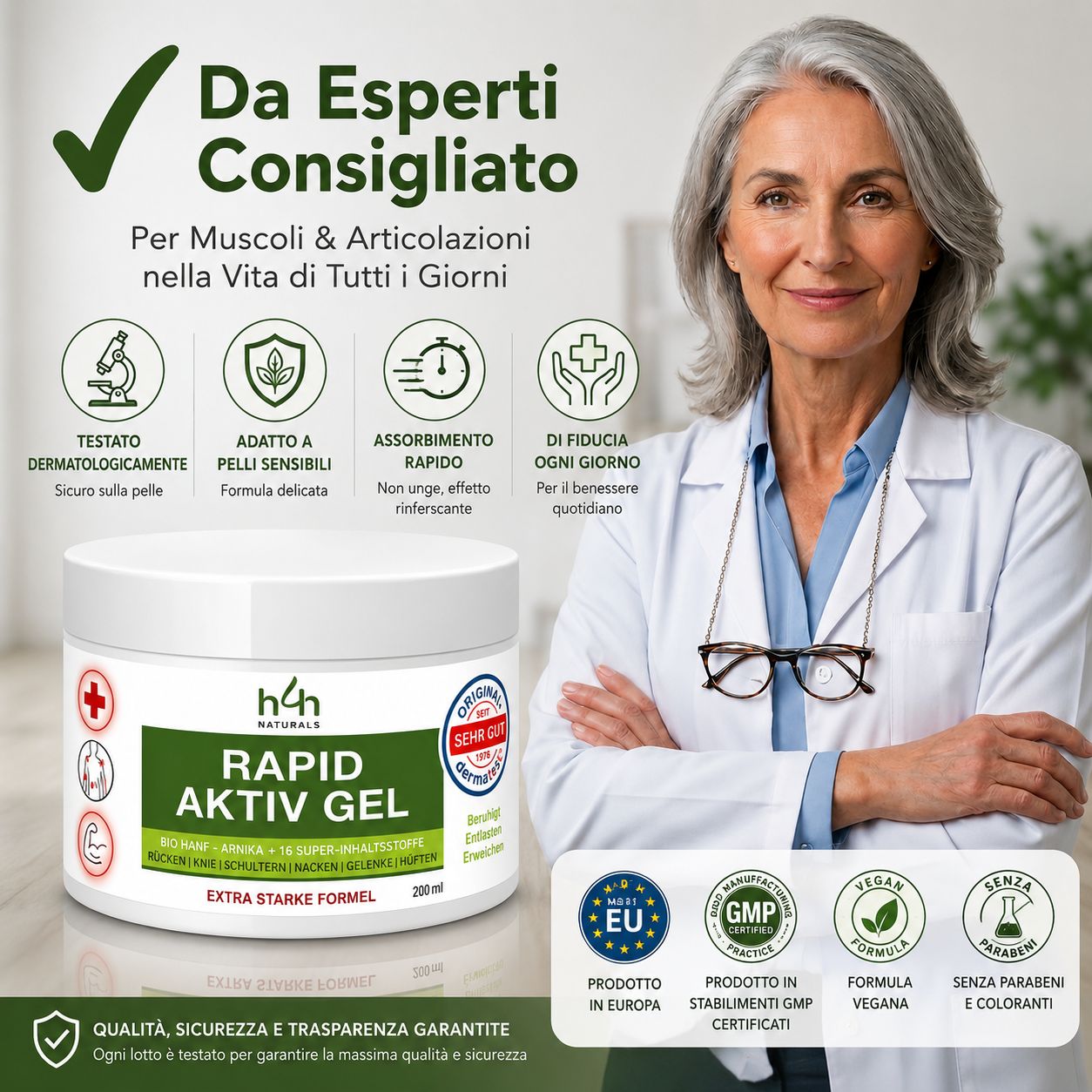 Vasetto H4H Naturals Rapid Aktiv Gel, leggermente inclinato. Sigilli "Molto Buono" e "Dermatest" visibili.
