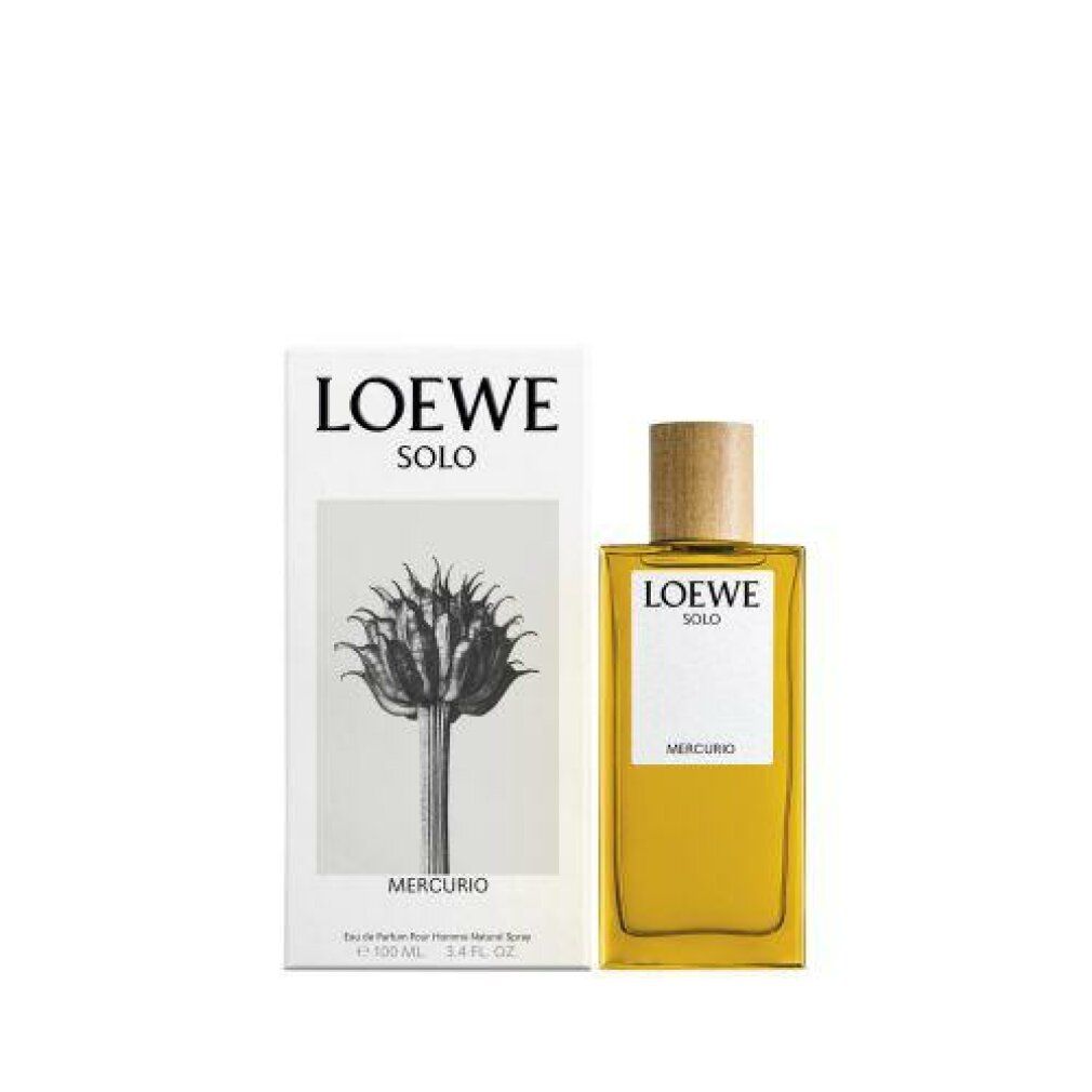 Flacone e confezione. Sulla confezione: "LOEWE SOLO MERCURIO". Flacone con tappo in legno e liquido giallo.
