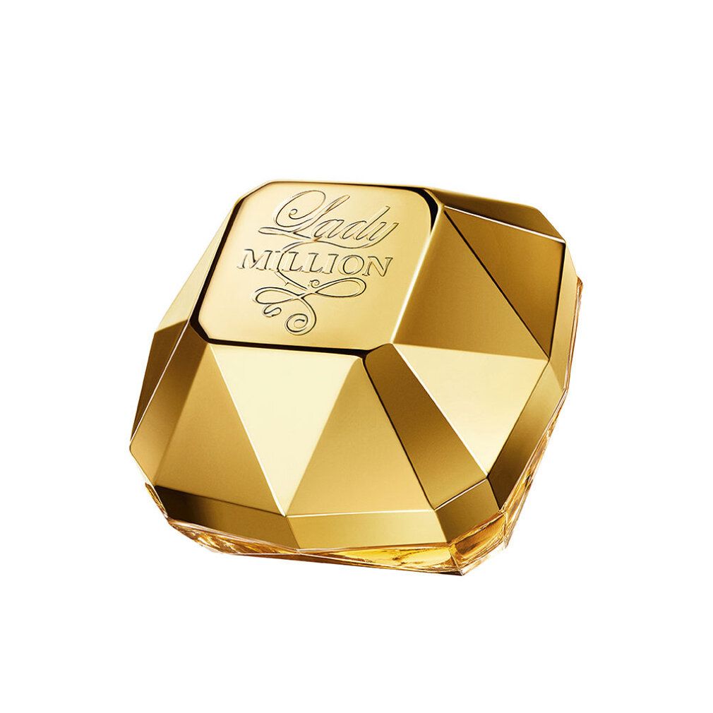 Flacone dorato. Scritta Lady Million. Forma angolare.