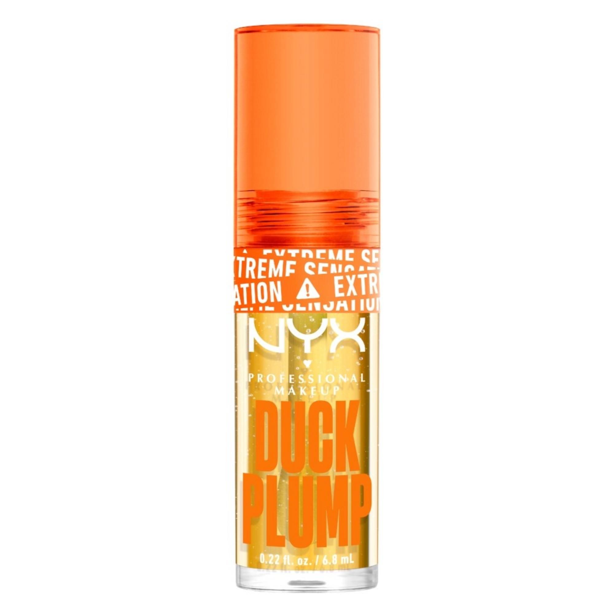 Lucidalabbra trasparente con tappo arancione. Scritta: DUCK PLUMP, EXTREME SENSATION. 6,8 ml.