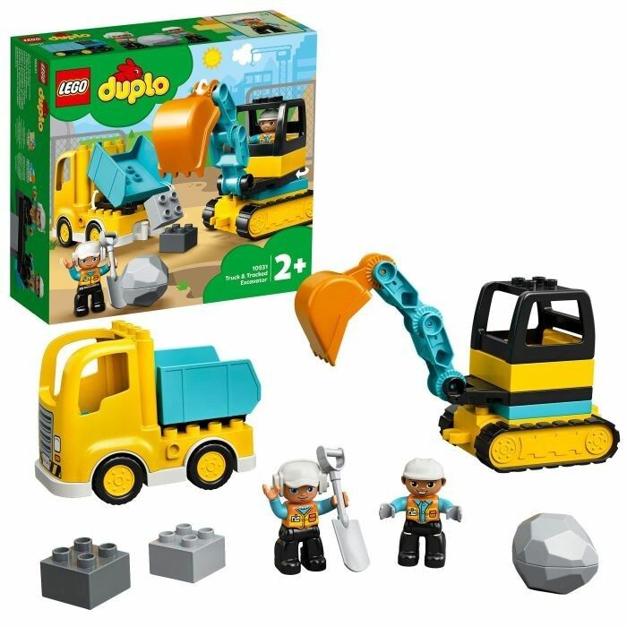 LEGO Duplo Bagger und Laster. Confezione e contenuto: camion, escavatore, personaggi, blocchi e roccia. Logo, nome e raccomandazione di età.