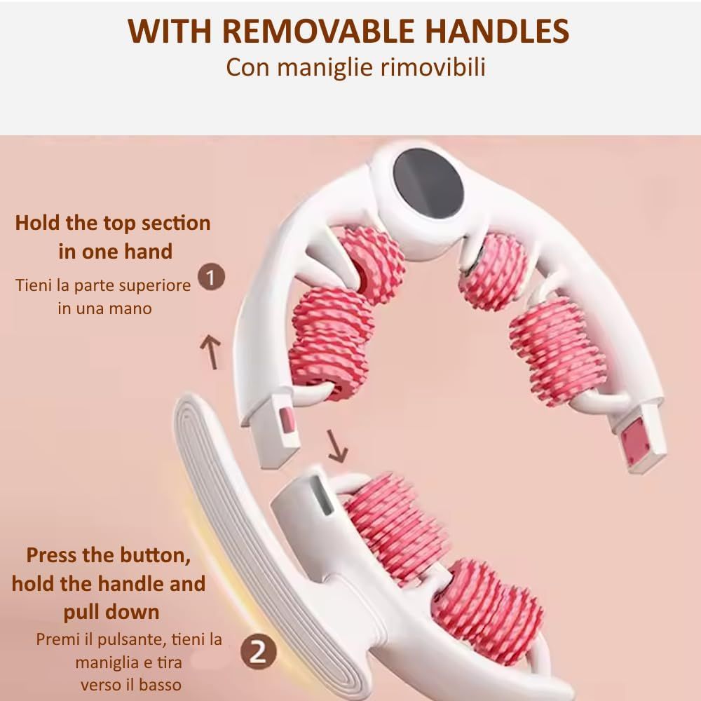 Vista esplosa di un rullo massaggiante bianco con rulli rosa. Le maniglie sono rimovibili. Le istruzioni sono visibili.
